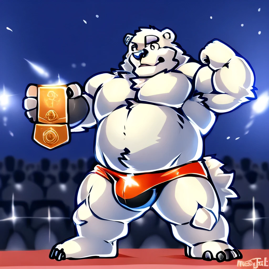 Author: Megawaffle, (1 boy), One, a huge thick muscular grizzly bear, black speedo bodybuilding competition,posing on stage,bodybuilding,extremely detailed, photorealistic, award winning, cinematic lighting, dramatic pose, powerful muscles, rippling fur, intense expression, stage, audience, judges, flexing hard, dramatic background (Detailed brown eyes), Browster, a high resolution, Best quality), 4k,