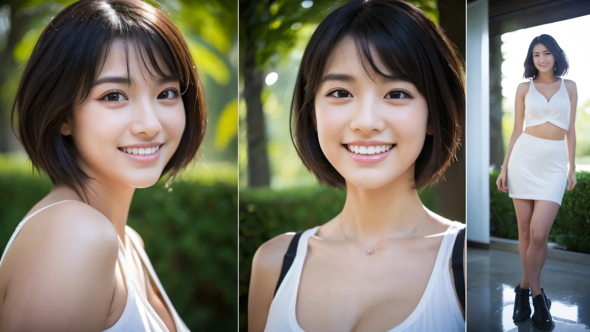 The beauty of 8K RAW photography:2.0, Short Hair,21 years old, Great face and dark eyes, Looking into the camera, Superior, Big smile, Showing teeth, Tank top, Realistic:1.9, Very detailed CG 統合 8k 壁紙, Very detailed, High-resolution RAW color photos, Professional photos, Filmed at home, Portrait of sexy girl,Cleavage、Sculptural installation、3people々'woman、3Commemorative photo with people々 lined up、