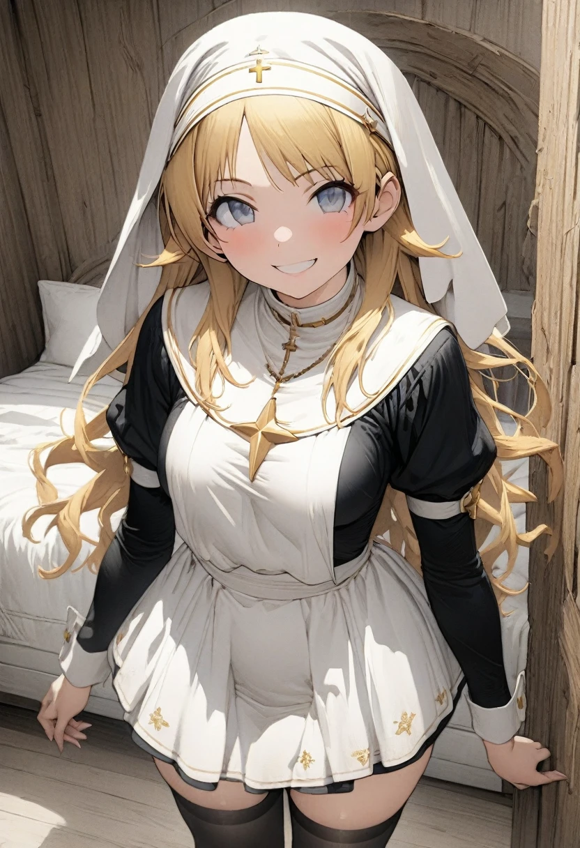 NSFW,(pale illustration,anime illustrations:1.2),(masterpiece, highest quality, so beautiful, Super detailed),textured skin, high details,8k,gleaming skin,pale outline
(hachimiya meguru, idolmaster:1.2),gold hair,
1 girl,(black Thighhighs:1.3),middle breasts,shorty,happy smile,
nun,standing,
from front,white and clean bedroom