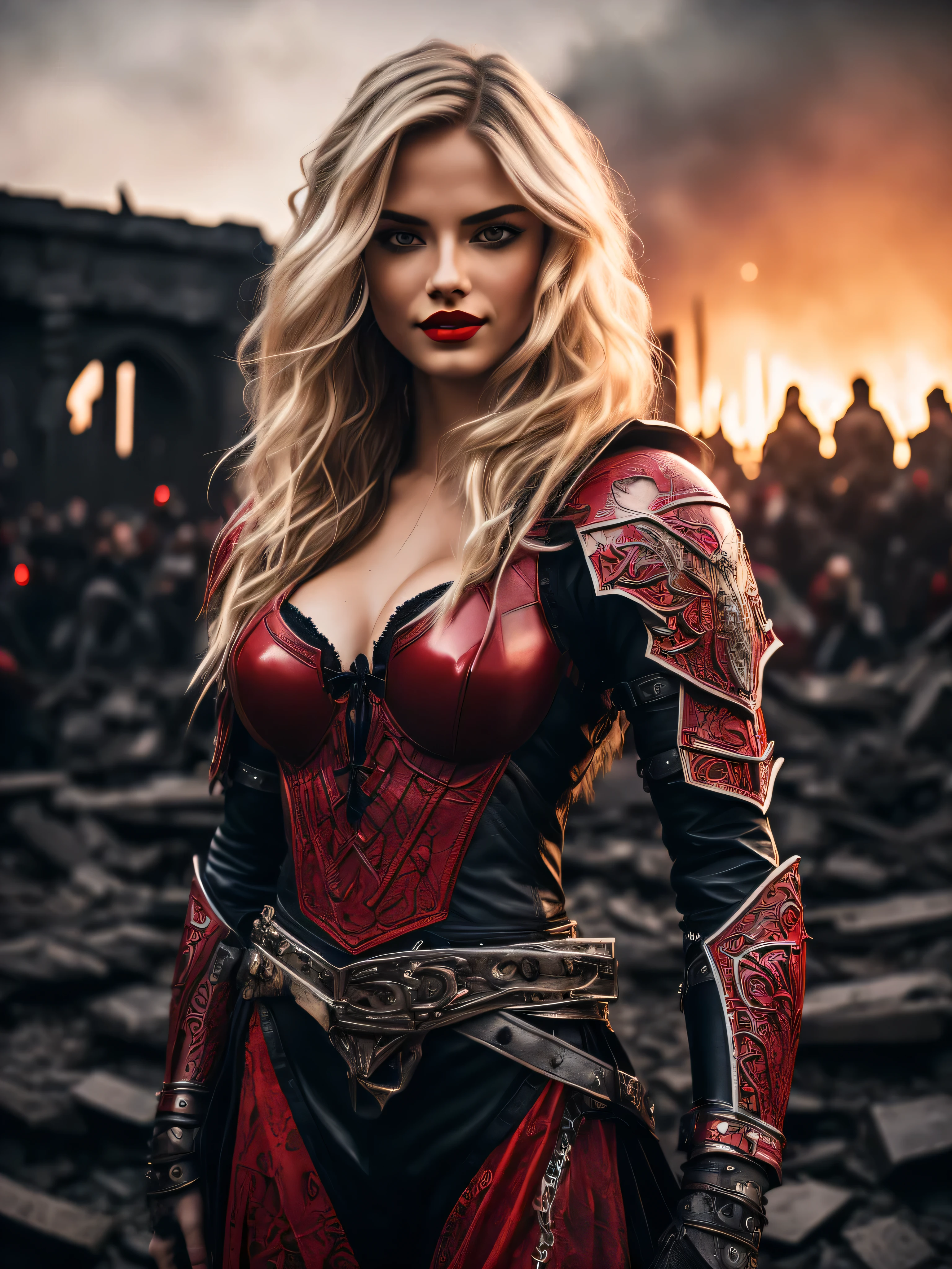 (full body), girl, blonde, red lips, evil smiling, red-black y leather armor, (near the ruined castle gates), medieval war, crowd, night, moon, (detail background: 1.5), (intricate surrounding details), (hyper detail), (skin detail and hair texture)+++, (ultra realism), (8K UHD), (ultra quality), (dslr)