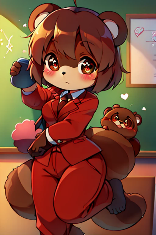 girl, tanuki, furry, bodyfur, tail, blazer, red jersey pants, long pants, glove, barefoot, chibi, sparkling eyes, triplets, full body, love triangle, hug from behind, jumping, jealous, school, classroom