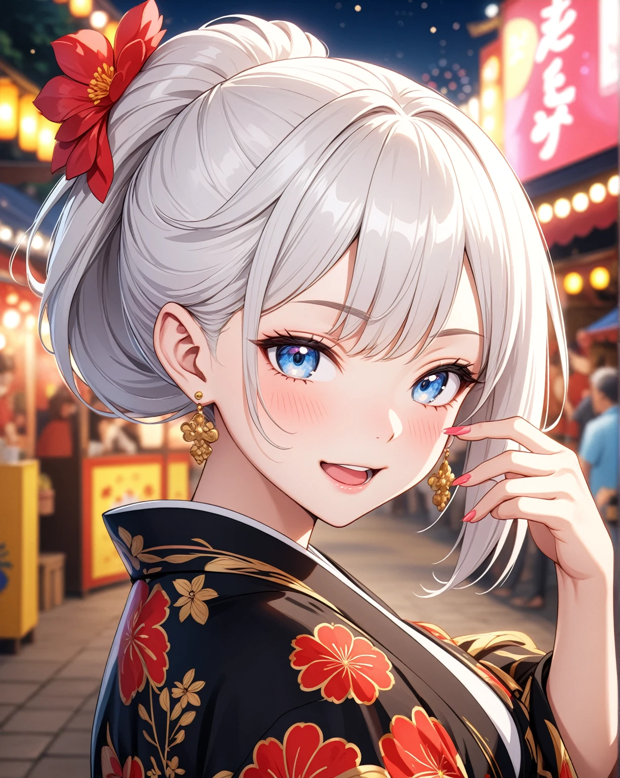 ((one personの女性)), Beautiful Face,Laughing embarrassedly,Laughing with your mouth open,(Wink:2.0),Bright red cheeks,Glossy pink lips,night,Festival stalls on the riverbank,Colorful fireworks,((Anime style background)),masterpiece, highest quality, so beautiful, Latest, Complex details, (Pink long nails),AI-generated, Complex,High resolution, highest quality, super high quality,3D Images、View your viewers、3D Images,one person,Long white hair,High Ponytail,blue eyes,Anime woman posing for a photo, ((Fine grain、Light blue colorful eyes、Shining Eyes:1.0)),(Squint your eyes:1.1),a hyperRealistic , hyperRealistic , Realistic,Anime woman with long and white hair, Smooth anime CG art, A woman in a colorful kimono with gold embroidery, (Black kimono),Red floral pattern,Long flower hair ornament,Big earrings,,Mature Body,(Big Breasts:1.0)Tall,Big Ass,Fine details,Narrow waist,(Face close-up:1.5),Bevel the background
