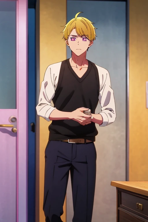 A handsome young male student man bun yellow hair and purple tips hanging with purple eyes, tall and muscular
