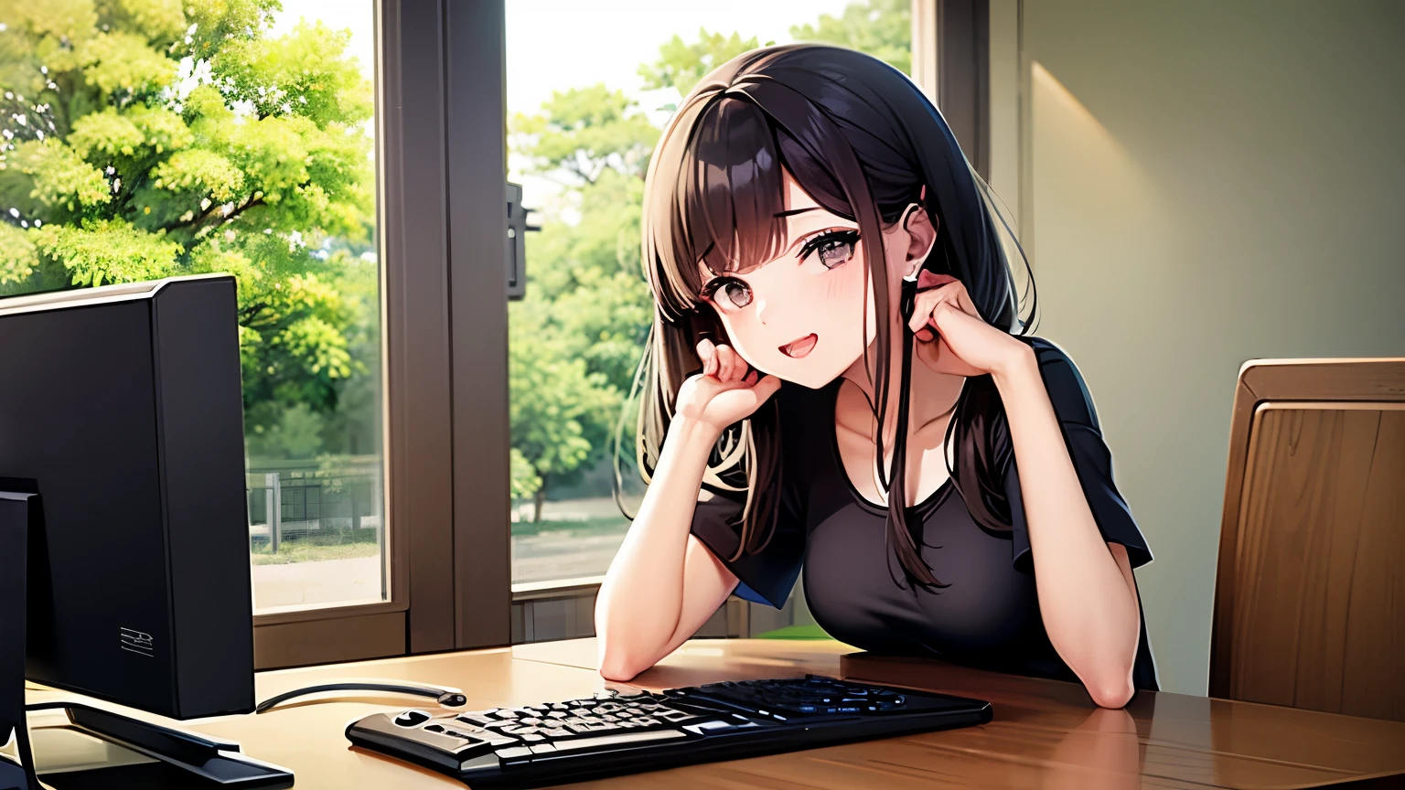 Anime girl sitting at a desk with a computer and keyboard - SeaArt AI