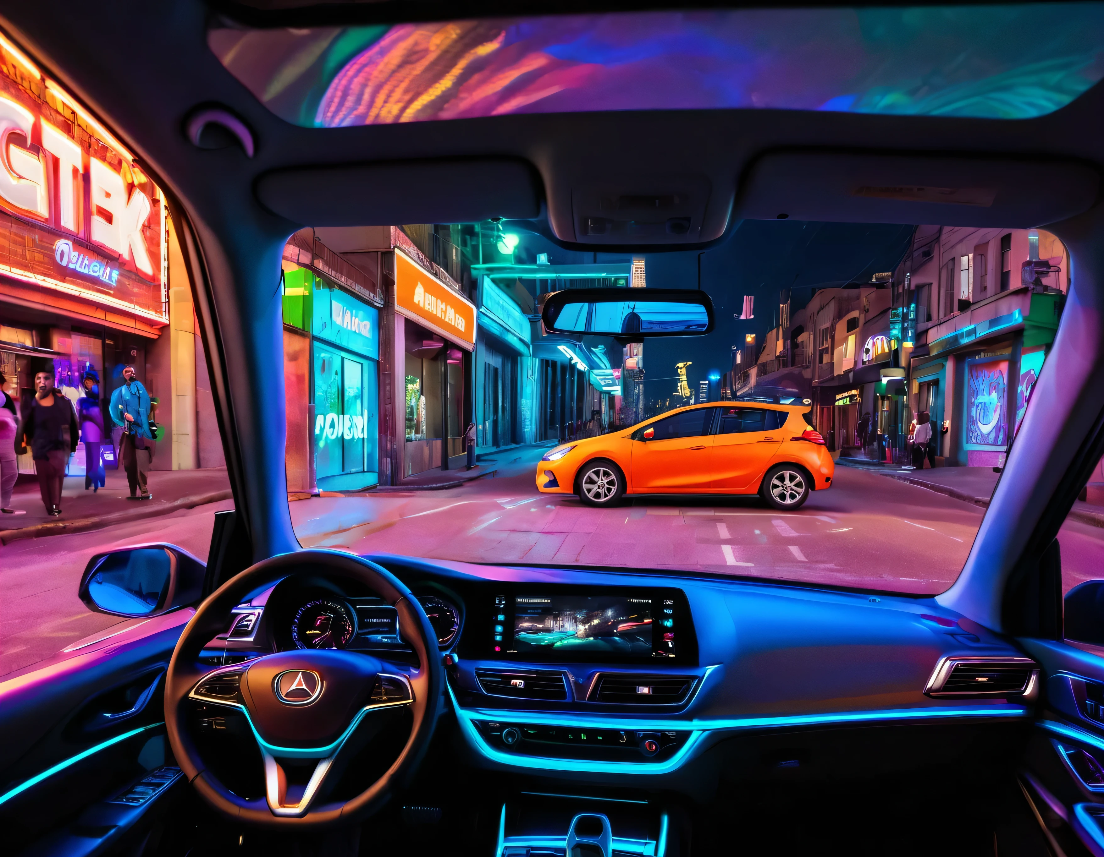 arafed view of a car with a city street in the background, inside of a car, interior background, glowing interior components, car with holographic paint, full view of a car, a hyper realistic, detailed ambient lighting, driving through the city, inside a grand, amazing wallpaper, neon ambient lighting, highly detailed interior, bright ambient lighting, scenic full shot