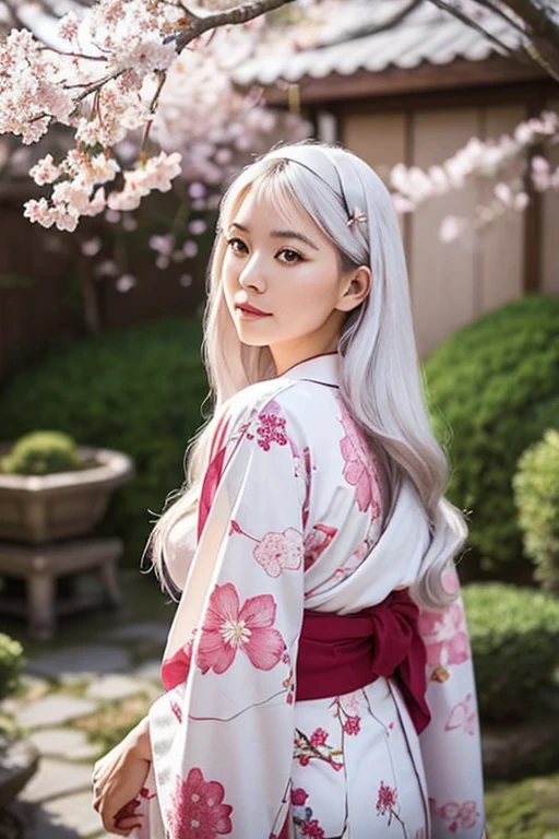 CG, unity, 8k, wallpaper, highest quality, masterpiece, lovely woman wearing a kimono, 18-year-old, long white hair, white skin, looking at the garden, (sad expression: 1.1), best lighting, complex pupils, complex textile, detailed background, in a traditional Japanese room, (A traditional Japanese garden can be seen in the background), There is a magnificent cherry tree in the garden, Cherry blossom petals are dancing, Fantastic, fleeting atmosphere, focus on background, view from behind