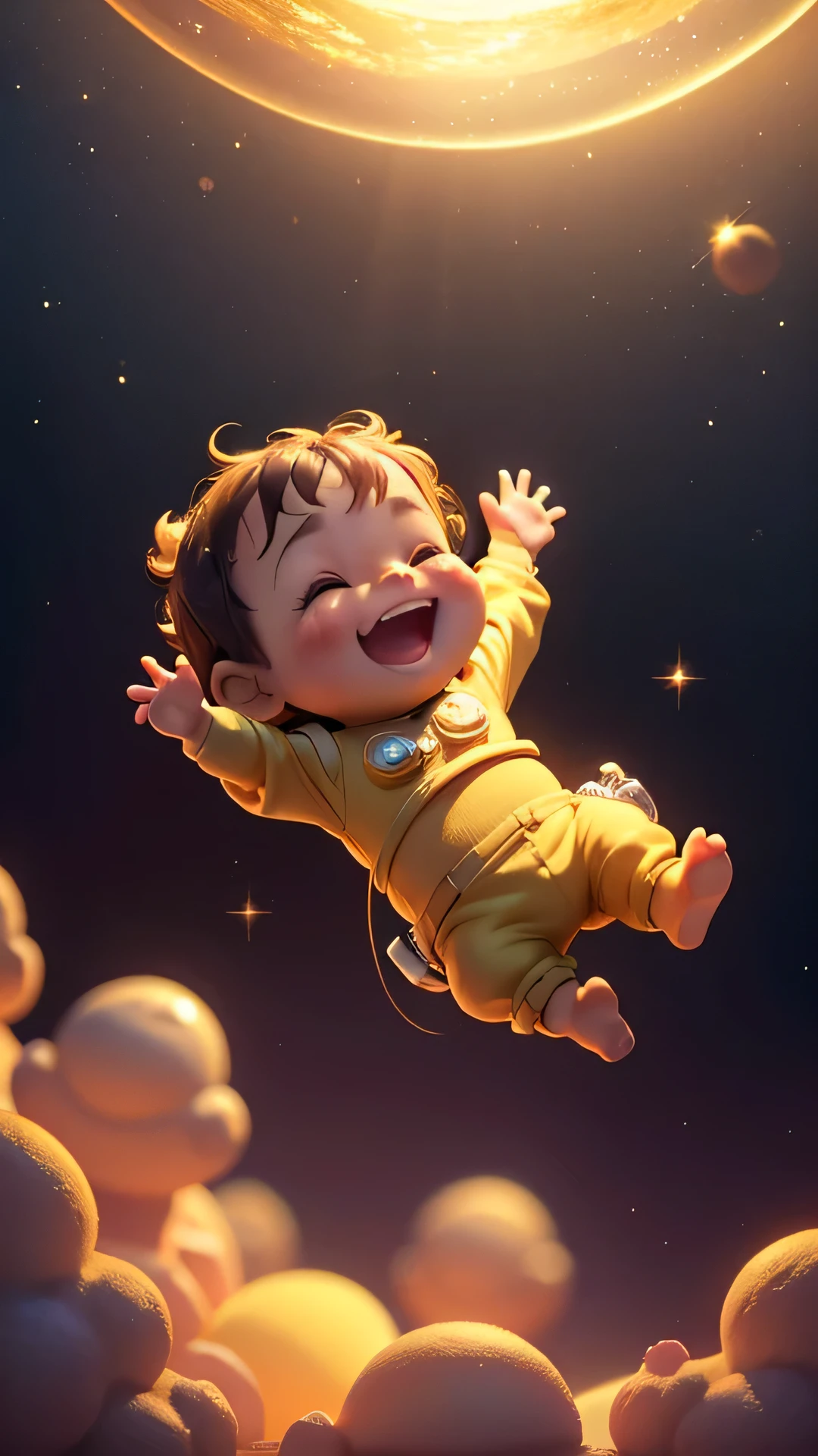 mid shot side view of happy cute brown baby floating in space, laughing, cute brown baby, floating, 3d character, (((cartoon))), animated pixar, high contrast, mood lighting, (((cinematic))), 8k render, photorealistic, luxury, beautiful, (((golden light))), (((no text)))