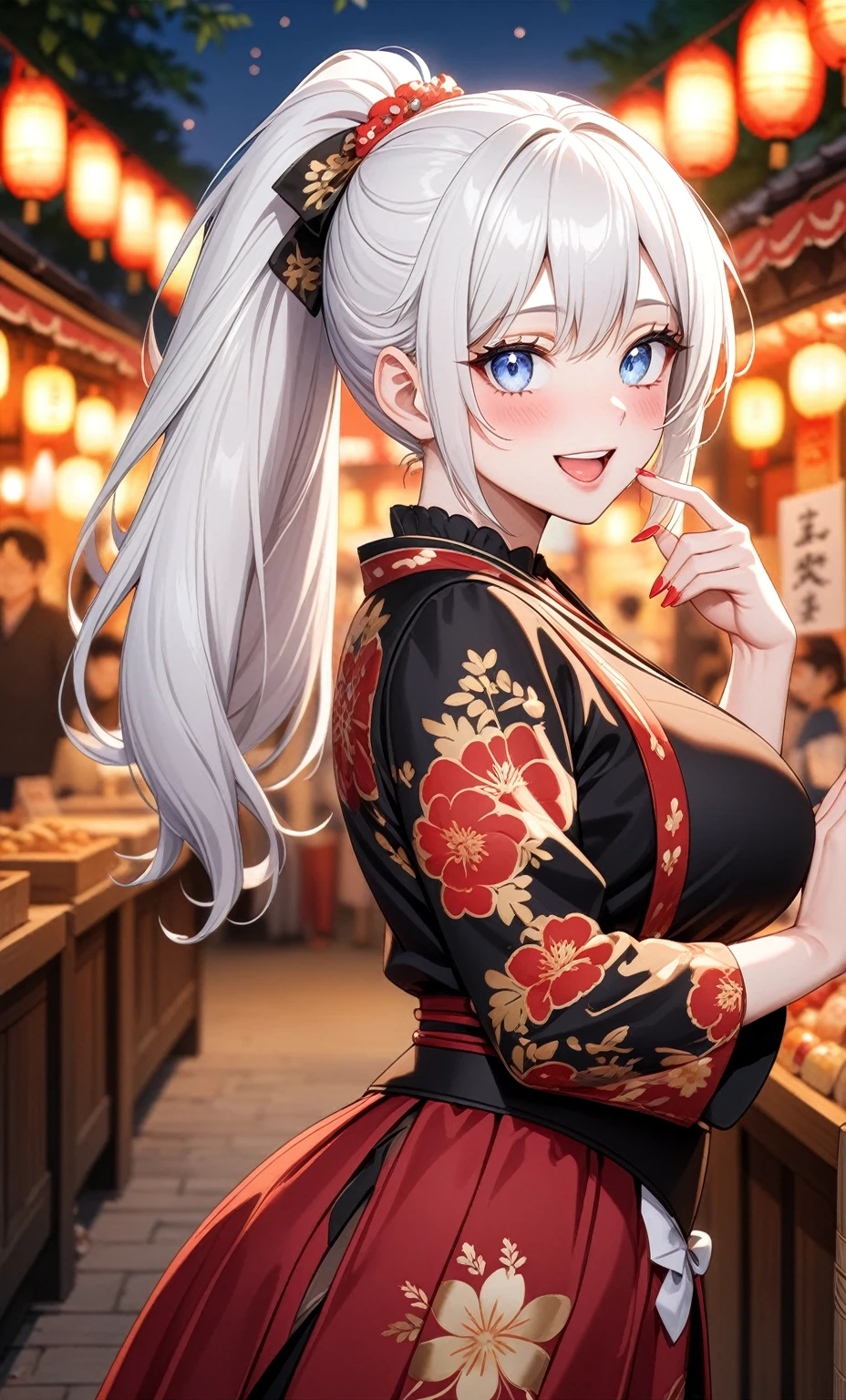 ((one personの女性)), Beautiful Face,Laughing embarrassedly,Laughing with your mouth open,((Bright red cheeks)),Glossy pink lips,night,Festival stalls on the riverbank,firework,((Anime style background)),masterpiece, highest quality, so beautiful, Latest, Complex details, (Pink long nails),AI-generated, Complex,High resolution, highest quality, super high quality,3D Images、View your viewers、3D Images,one person,Long white hair,High Ponytail,blue eyes,Anime woman posing for a photo, ((Fine grain、Light blue colorful eyes、Shining Eyes:1.0)),(Squint your eyes:1.1),a hyperRealistic , hyperRealistic , Realistic,Anime woman with long and white hair, Smooth anime CG art, A woman in a colorful kimono with gold embroidery, (Black kimono),Red floral pattern,Long flower hair ornament,Big earrings,,Mature Body,(Big Breasts:1.1)Tall,Big Ass,Fine details,Narrow waist,(Face close-up:1.2),Bevel the background,Tilt your face,Sit on a chair and open your crotch