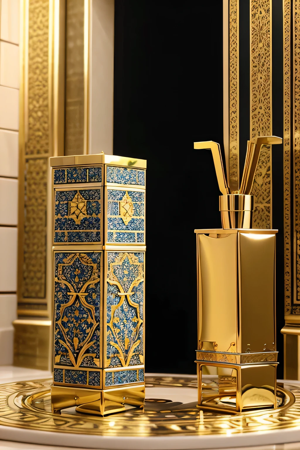des flacons de parfum en 3d avec un design qui melange entre le design moderne de francaise et arabic comme avec des mosaiques luxueux et traditionne et une touche arab