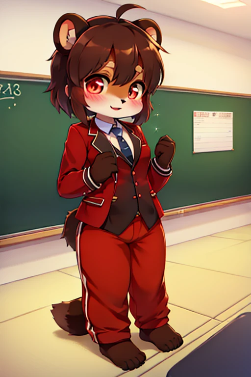 girl, tanuki, furry, bodyfur, tail, blazer, red jersey pants, long pants, glove, barefoot, chibi, sparkling eyes, triplets, full body, school, classroom, spread legs