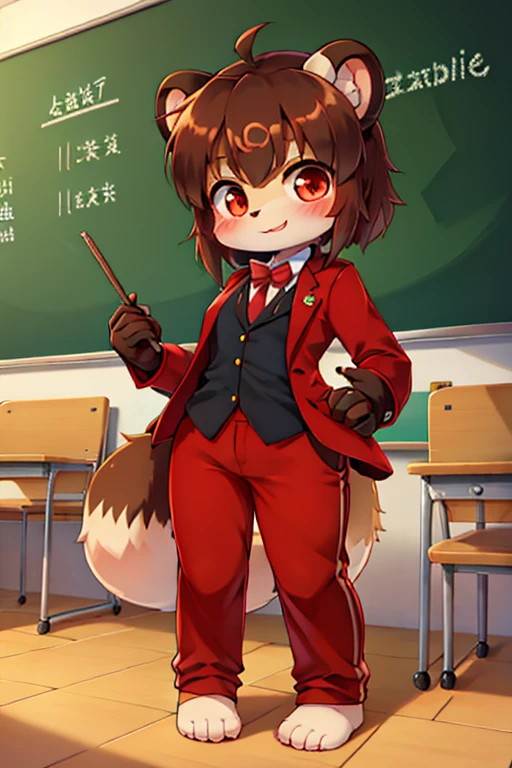 girl, tanuki, furry, bodyfur, tail, blazer, red jersey pants, long pants, glove, barefoot, chibi, sparkling eyes, triplets, full body, school, classroom