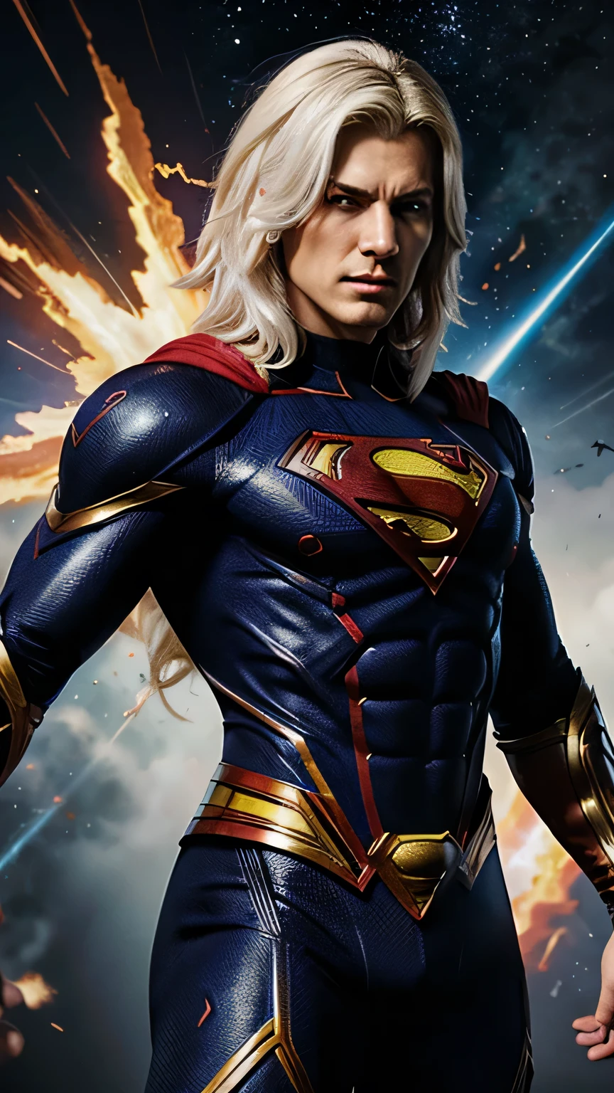 Realistic design of a perfect amalgamation of Omniman, Homelander, Brightburn y Superman Prime. In a new male super villain (solitario) de look innovador. Almost white hair and golden locks, ojos rojos, combining the aesthetics of their suits into a totally unique one. Flying with a pose demonstrating its unlimited power (en el espacio sobre la tierra). Netflix graphic novel poster style. Con muchos detalles, colores vivos, calidad 8k, epico, excepcional, fantastic I have incredible.