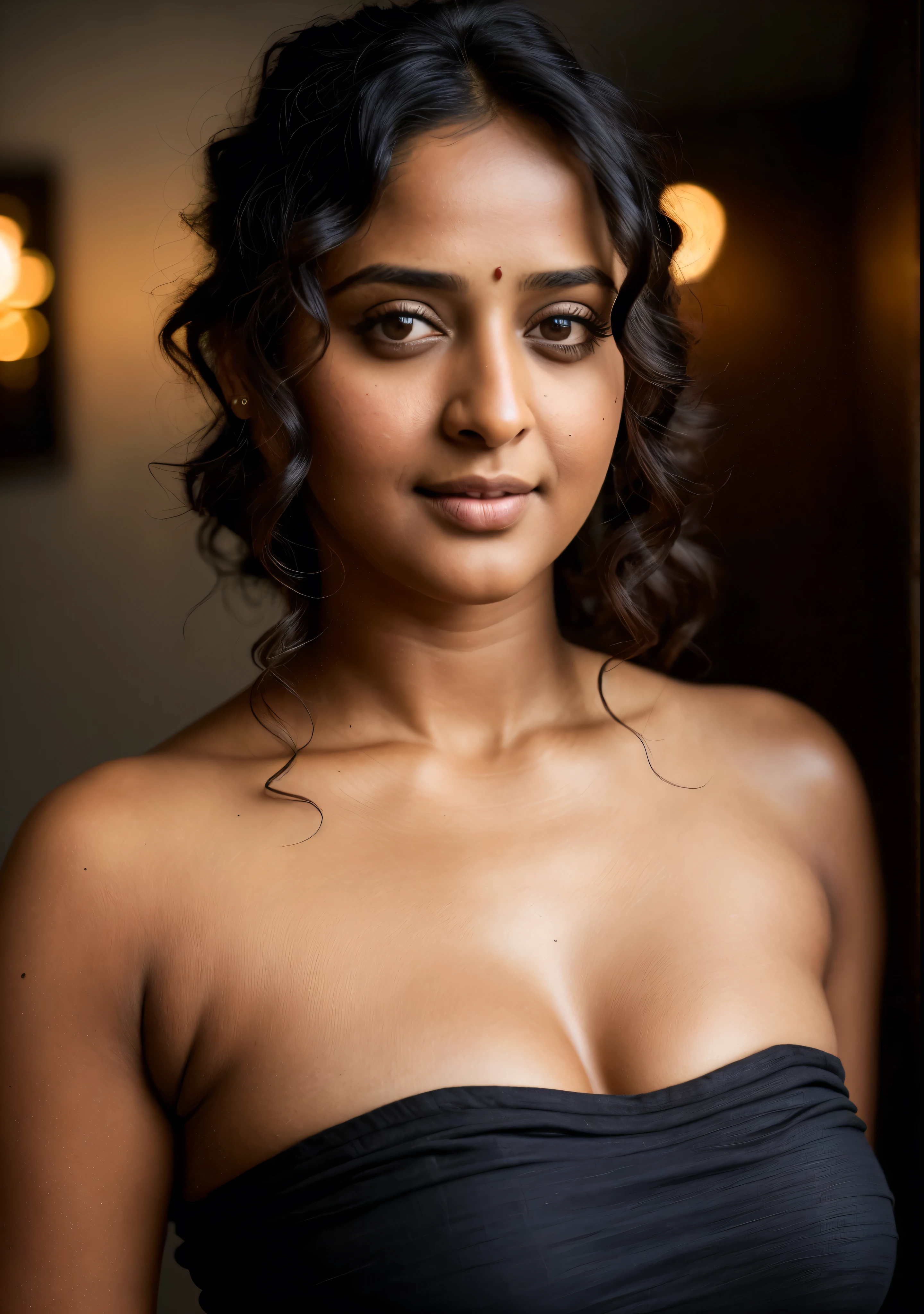 Looks like Anushka Shetty, a photo portrait of a beautiful girl 40 years old, with curls, styled black hair, (face portrait:1.5), dramatic light, Rembrandt lighting scheme, bust shot, linen tank top , top quality editorial photograph, skin texture, skin pores, chocolate skin, high quality skin, top quality photography, professional photography, professional retouching, insane detailing, warm moody tones, modern clothes, 