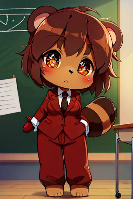 girl, tanuki, furry, bodyfur, tail, blazer, red jersey pants, long pants, glove, barefoot, chibi, sparkling eyes, triplets, full body, school, classroom