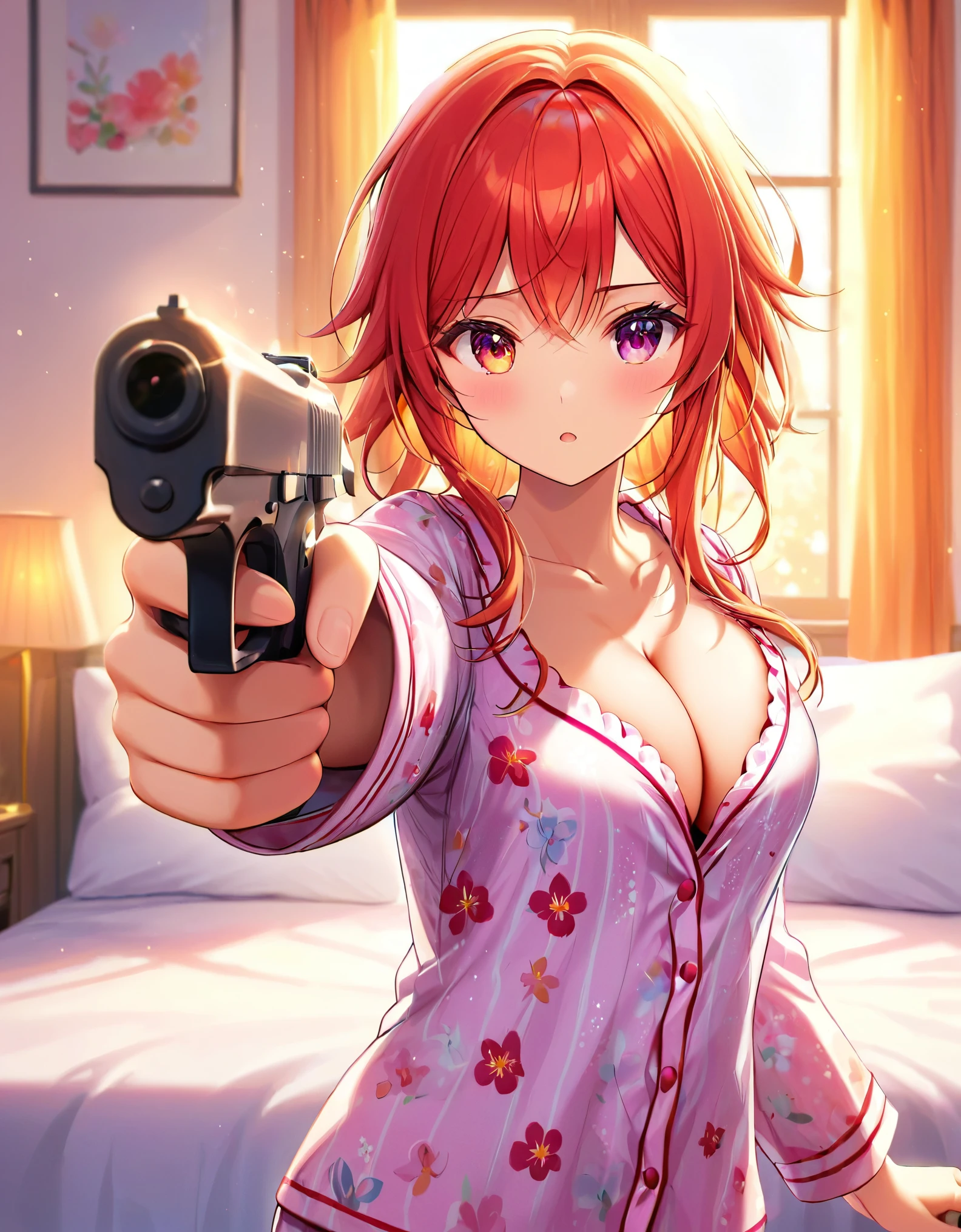 gorgeous, lovelypajama, bright room, comfortable bed, lovely pillow, warm lighting, aiming pistol , cleavage, stunning body, ultra detailed face, glowing lips l, glowing eyes, open pajama