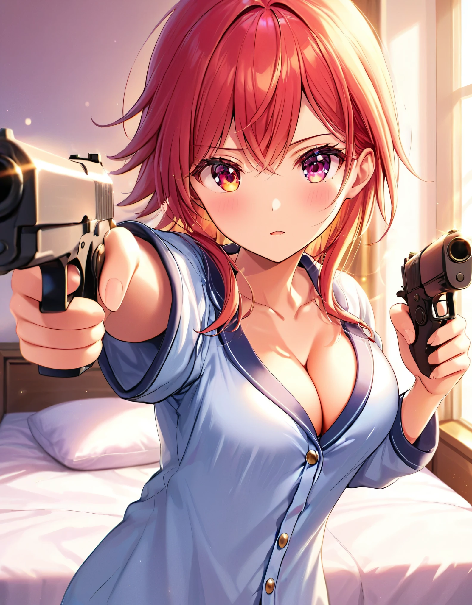 gorgeous, lovelypajama, bright room, comfortable bed, lovely pillow, warm lighting, aiming pistol , cleavage, stunning body, ultra detailed face, glowing lips l, glowing eyes, open pajama