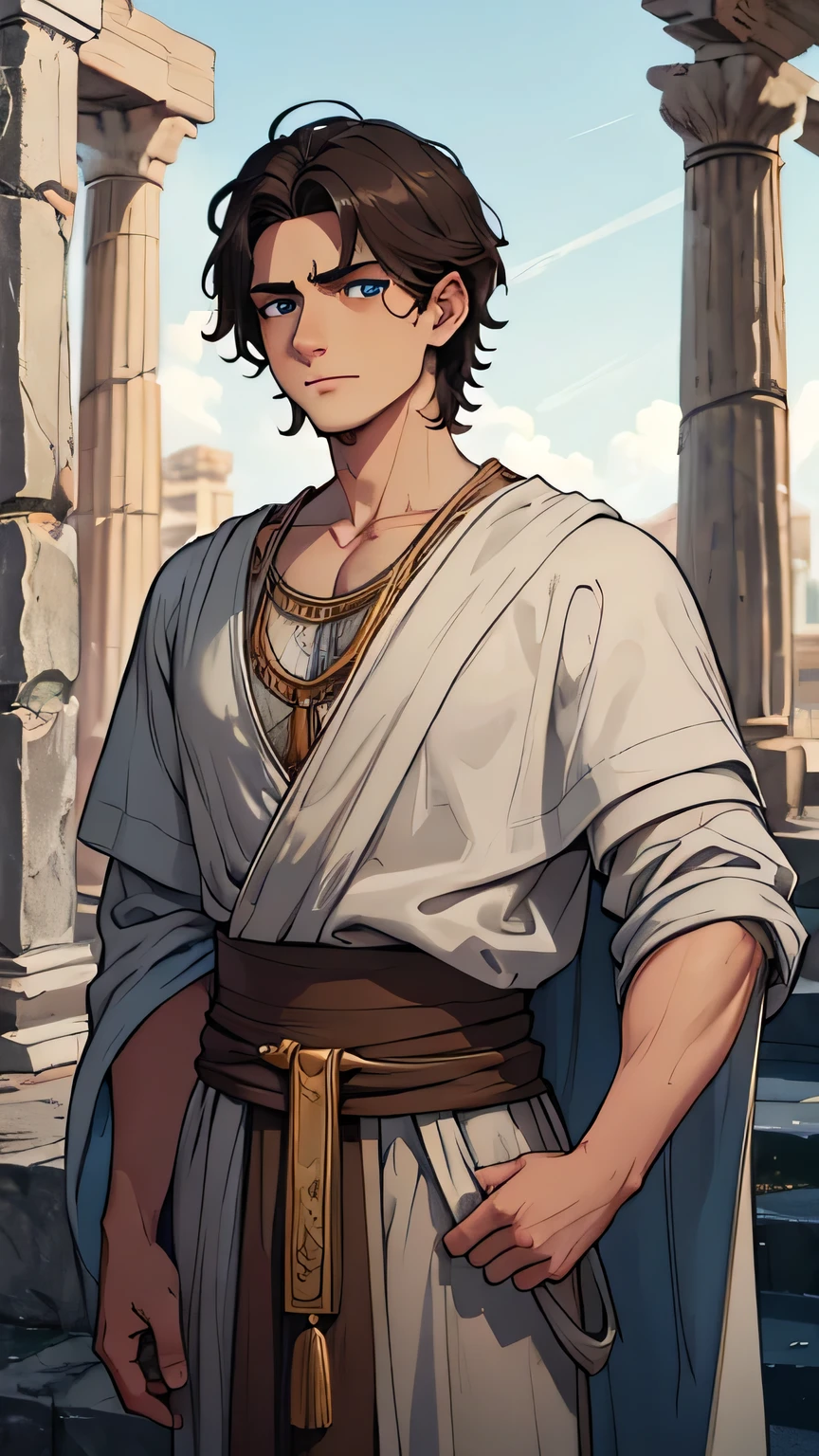 young man dark gray hair light blue eyes, with ancient Greek clothing from the 1st century AD poor style, poor brown clothes and dark brown poor clothes