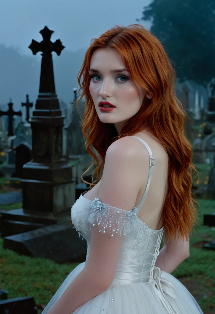 Cinematic footage from Mario Bava horror movie, full medium closeup, a gorgeous 18-year-old woman resembling Bella Thorne, long red hair, soft pale skin, cute and youthful face, well-defined eyebrows, light blue eyes, delicate nose, plump and round lips, walks in an Gothic cemetery at night wearing a white wedding dress, fog and rainy condition, ghostly atmosphere, 1600s, (high skin detail: 1.2), ultra-detailed, photo-realistic, depth of field, cinematic lighting, IMAX camera, HDR, DTM, Full HD, 8k