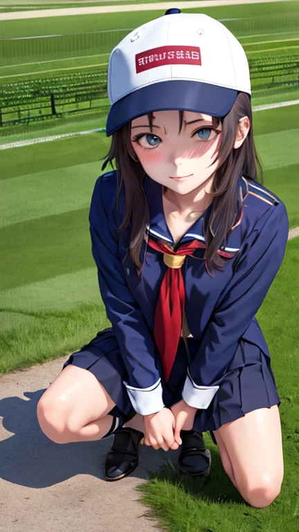 masterpiece, 8k wallpaper, highest quality, 1 girl, Oguri Cap, blush, Grass, looking at the viewer,