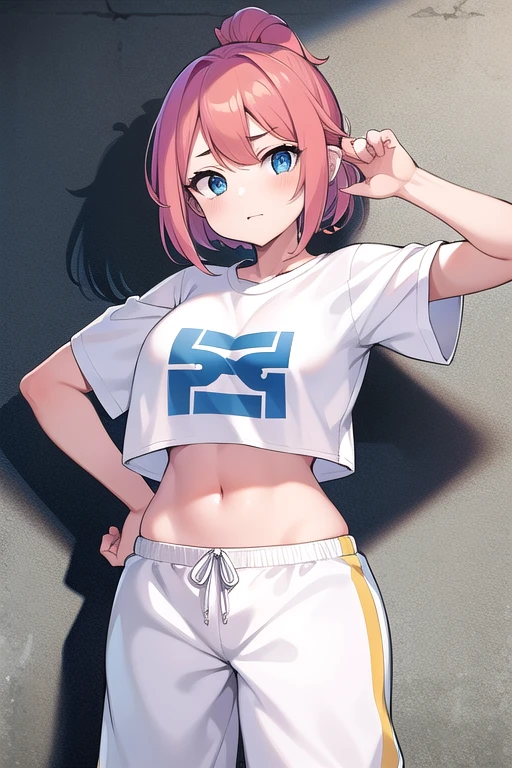 1 chica, busty mude (top corto), pelo largo ondulado rosa claro, blue eyes, Graphic white t-shirt, oversized jogging pants, chaqueta deportiva, apoyarse contra la pared, alley, graffiti en la pared, hip hop, hands behind the back, tatuaje,perfect symmetrical face, dynamic pose, busty