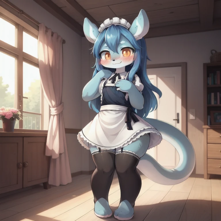 1girl, melusine, blue skin, orange eyes,Dark blue long hair, curly ears, stubby tail, smile, blush, maid dress, shortstack, legwear, indoor,wide hips , Full body