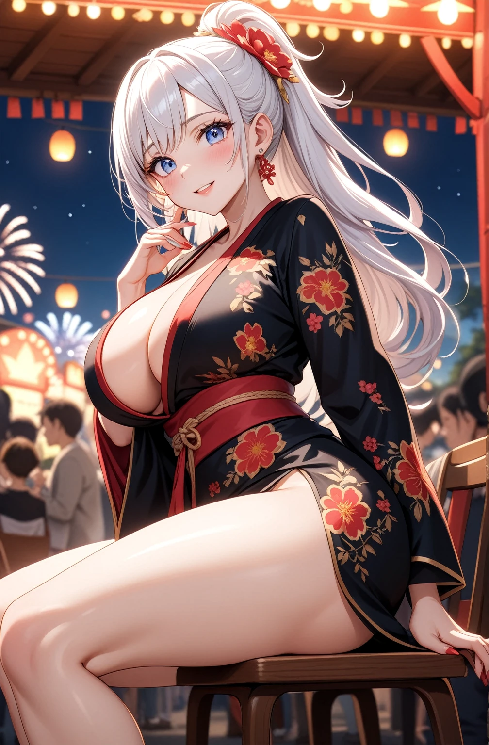 ((one personの女性)), Beautiful Face,Laughing embarrassedly,Laughing with your mouth open,((Bright red cheeks)),Glossy pink lips,night,Festival stalls on the riverbank,firework,((Anime style background)),masterpiece, highest quality, so beautiful, Latest, Complex details, (Pink long nails),AI-generated, Complex,High resolution, highest quality, super high quality,3D Images、View your viewers、3D Images,one person,Long white hair,High Ponytail,blue eyes,Anime woman posing for a photo, ((Fine grain、Light blue colorful eyes、Shining Eyes:1.0)),(Squint your eyes:1.1),a hyperRealistic , hyperRealistic , Realistic,Anime woman with long and white hair, Smooth anime CG art, A woman in a colorful kimono with gold embroidery, (Black kimono),Red floral pattern,Long flower hair ornament,Big earrings,,Mature Body,(Big Breasts:1.1)Tall,Big Ass,Fine details,Narrow waist,(Face close-up:1.2),Bevel the background,Tilt your face,Sit on a chair,Leg spread