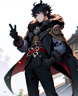 ,1 Male Adult , Black hair, Dark blue fur Coat , short hair, the duke,solo ,Medieval, Gloves , yellow eyes ,(genshin impact)