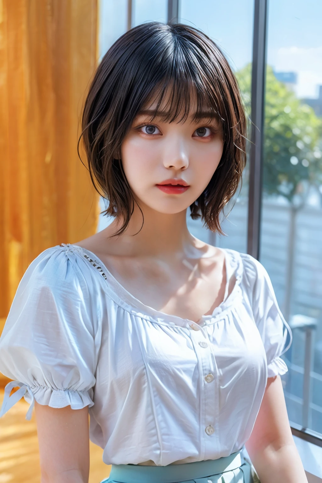 (realistic, photo-realistic:1.4),(best quality,masterpiece:1.2),RAW photo,high resolution,intricate details, insanely detailed,extremely detailed, soft light, cinematic lighting, (portrait, bust shot, frontal photography:1.8) ,solo,1girl,a 21yo female idol, (blouse,skirt:1.8),beautiful detailed eyes, detailed face, pale skin, fine-textured skin,dark hair,(short hair, bangs:1.3), photo background, indoors,,,[Nogizaka46,Aruno Nakanishi],