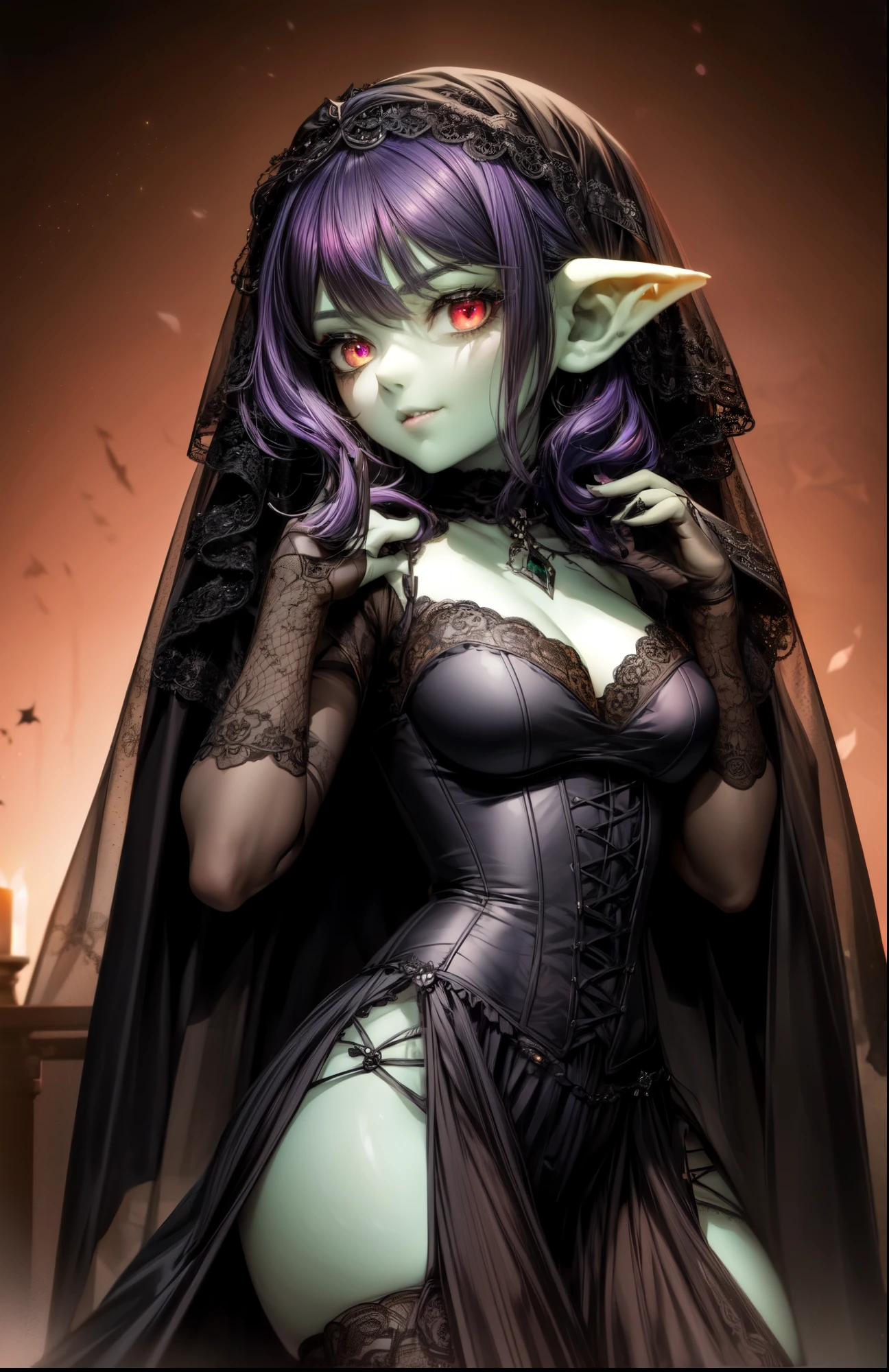 ((best quality)), ((masterpiece)), (detailed), 4k dark gothic horror style, Halloween style, very small goblin girl, green skin, pointy ears, short purple hair with black streaks pixie hairstyle, bright red eyes, in a dark gothic castle, cinematic dark lighting, stark lighting, dim, wearing ornate black lace lingerie, very long purple silk cape, slight seductive smile, looking at viewer, wearing black lace veil over face