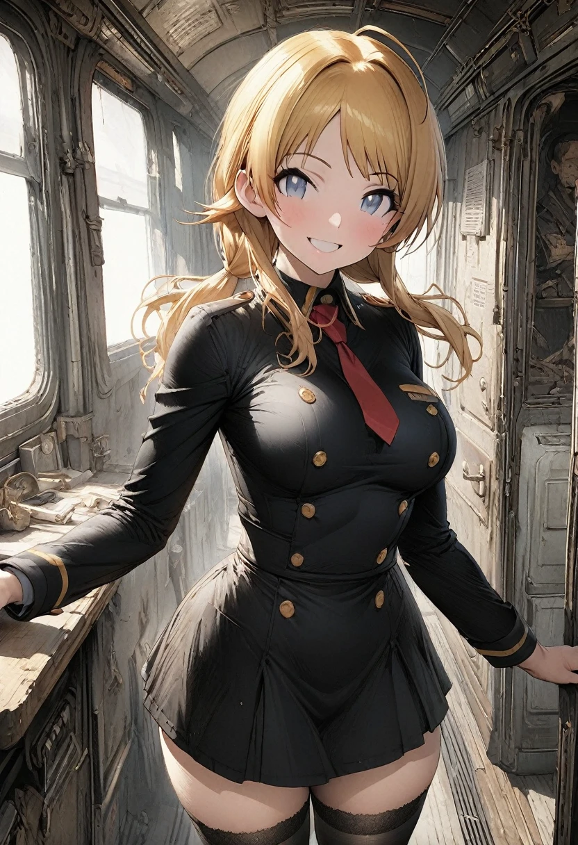 NSFW,(pale illustration,anime illustrations:1.2),(masterpiece, highest quality, so beautiful, Super detailed),textured skin, high details,8k,gleaming skin,pale outline
(hachimiya meguru, idolmaster:1.2),gold hair,
1 girl,(black Thighhighs:1.3),middle breasts,shorty,happy smile,
Train Conductor Uniform,standing,
from front,white and clean bedroom