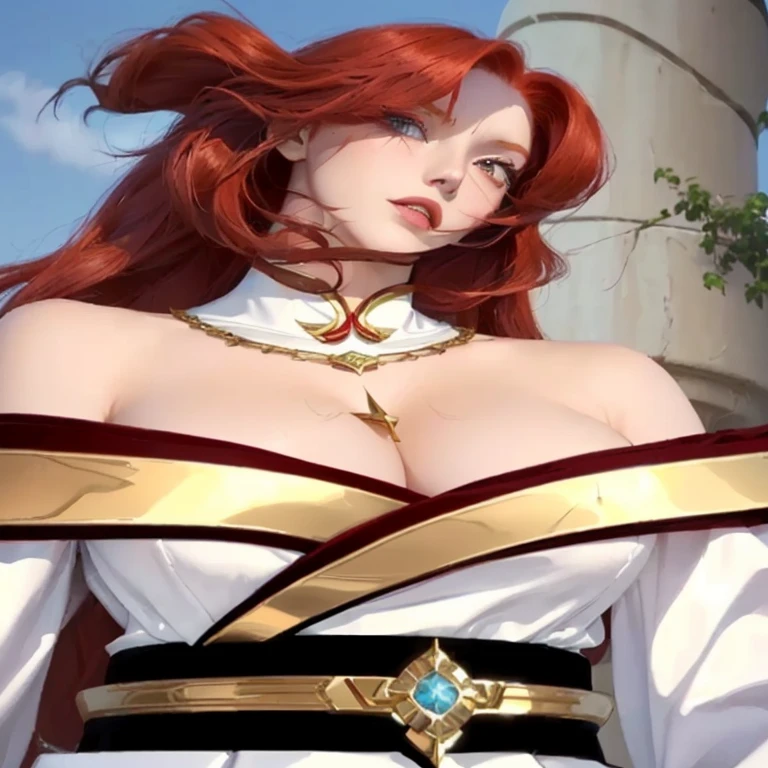 a woman in a white dress with a red hair and a gold belt, miss fortune, portrait of megara, miss fortune league of legends, erza scarlet as a real person, scales covering her chest, cleavage, nami one piece, the goddess artemis smirking, nami from one piece, female redhead templar, nami, valentina remenar