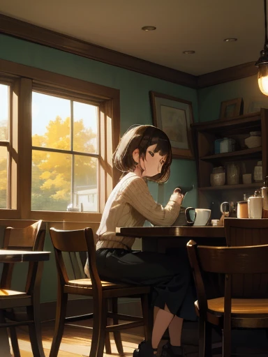 (a girl and) short (and) Messy Hair, wearing a cozy sweater and a patchwork skirt, Sitting in a charming coffee shop. (Girls) Enjoy a hot cup of coffee while looking out the window, (and) Flooded with natural light, casting warm and soft rays onto her face. The atmosphere is cozy and inviting, and the aroma of freshly brewed coffee filling the air. The coffee shop is decorated and vintage furniture and warm lighting, creating a nostalgic and comforting vibe. The girl's expression is serene and content, As if she was lost in her own thoughts. The surroundings are filled and delicate details, such as hand-painted mugs, Steamed latte art, and a pile of books scattered on the table. The colors in the scene are vibrant and harmonious, and a touch of earthy tones to create a cozy and homely feeling. Overall images are of high quality (highest quality, High resolution), and every detail (Super detailed) Shooting with attention to detail. (The scene is) Realistically drawn (or Photorealistic) style, accentuating the beauty of the girl and the coffee shop. The lighting is soft and warm, illuminating the girl's features and creating a sense of depth and dimension.
