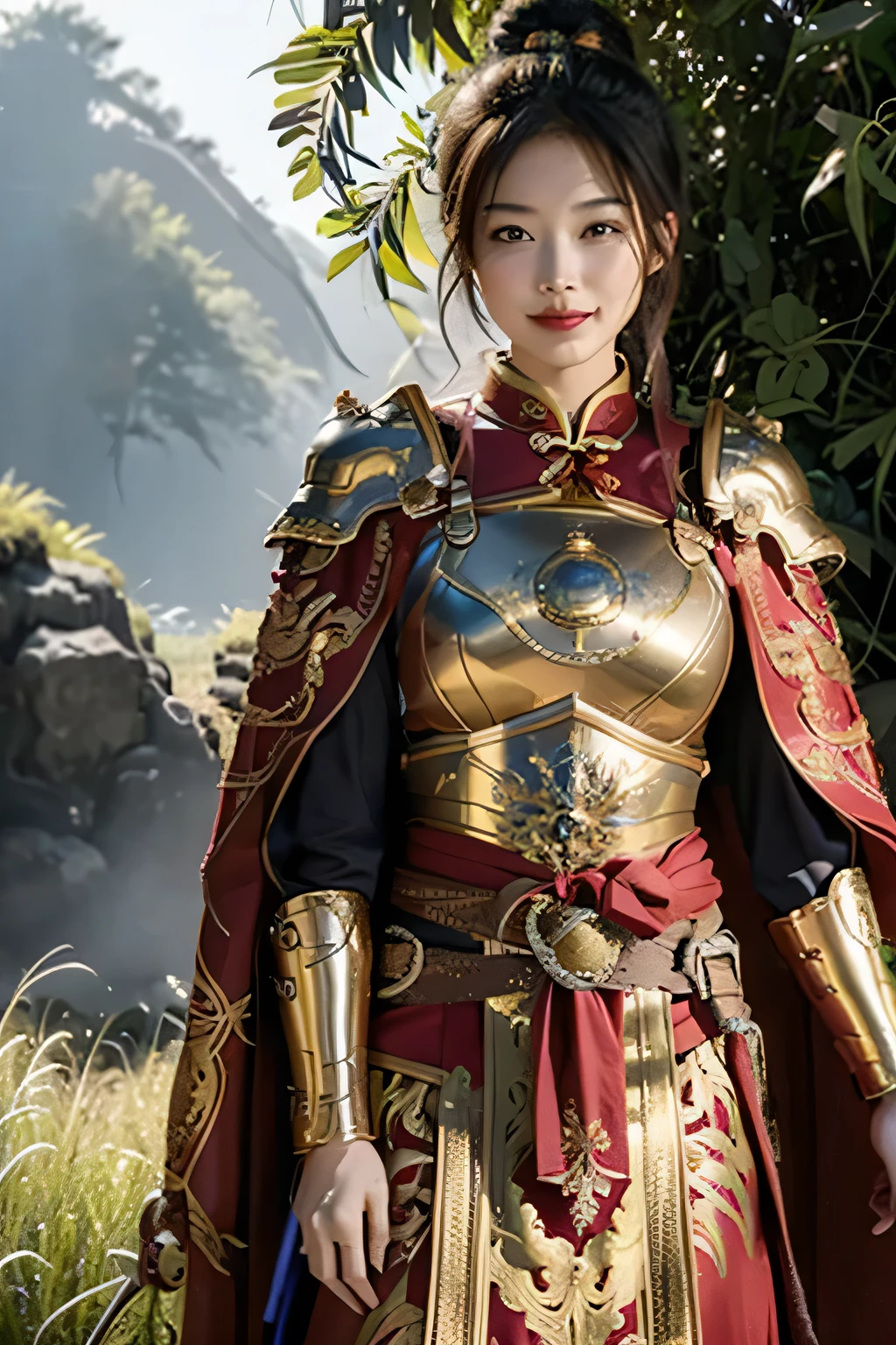 Chinese girl warrior,8K,HD quality,Finely engraved picture section,Detail the eyes,Crimson cape, metal pauldron,Metal armor,Breasts are full and erect,Gold hairband,majestic,Smile(open mouth)(The corners of the mouth are raised),(Hair in a bun:1.5),(Hair bun raised high),Forest grass background(grassland background)