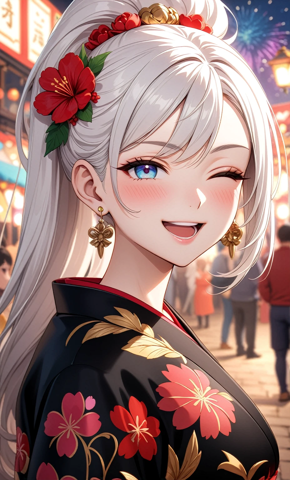 ((one personの女性)), Beautiful Face,Laughing embarrassedly,Laughing with your mouth open,((Wink:2.0)),Bright red cheeks,Glossy pink lips,night,Festival stalls on the riverbank,Colorful fireworks,((Anime style background)),masterpiece, highest quality, so beautiful, Latest, Complex details, (Pink long nails),AI-generated, Complex,High resolution, highest quality, super high quality,3D Images、View your viewers、3D Images,one person,Long white hair,High Ponytail,blue eyes,Anime woman posing for a photo, (Fine grain、Colorful eyes、Shining Eyes)),((Squint your eyes:1.1),a hyperRealistic , hyperRealistic , Realistic,Anime woman with long and white hair, Smooth anime CG art, A woman in a colorful kimono with gold embroidery, (Black kimono),Red floral pattern,Long flower hair ornament,Big earrings,,Mature Body,(Big Breasts:1.0)Tall,Big Ass,Fine details,Narrow waist,(Face close-up:1.5),Bevel the background
