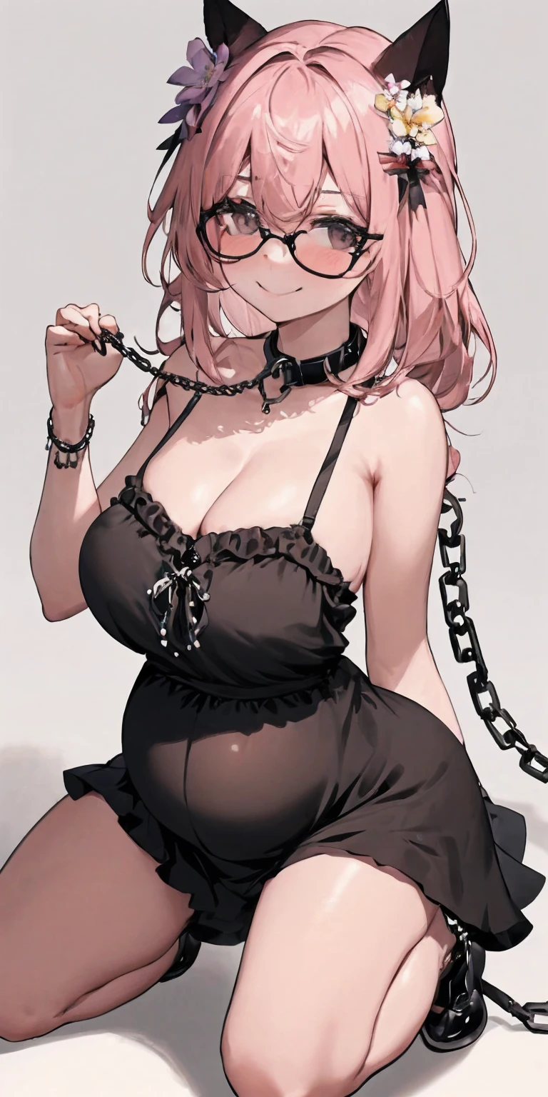 1solodark skin female model ((sundress:1.2)) ((detailed face:1.4)) Just the right kind of japanese sunburn pregnant kuro Gyaru pregnant, girl, bondage, lustful smirking smile red blush red cheeks, chain leash, kneeling, shackles, leather black collar slave, dark black skin pink hair (plain background) Kuroimori animal ears, flower, glasses, hair flower, hair ornament,