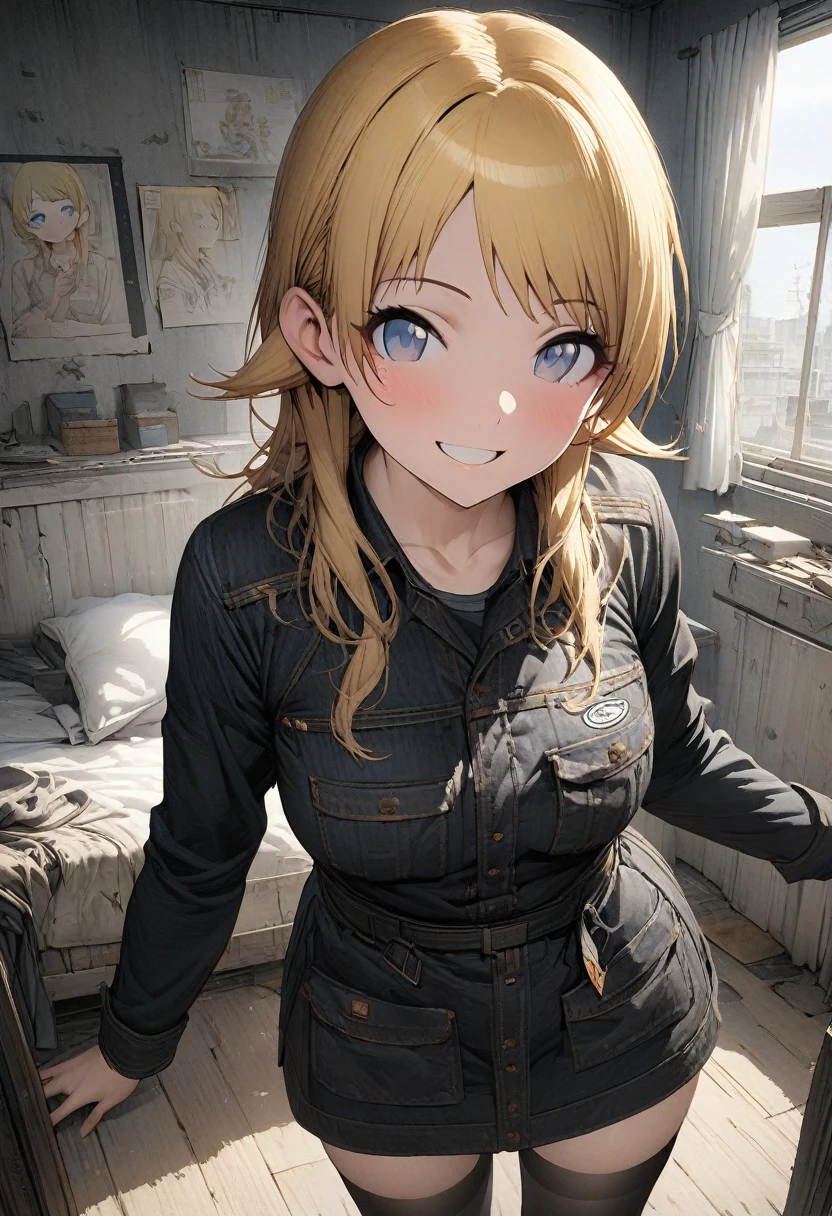NSFW,(pale illustration,anime illustrations:1.2),(masterpiece, highest quality, so beautiful, Super detailed),textured skin, high details,8k,gleaming skin,pale outline
(hachimiya meguru, idolmaster:1.2),gold hair,
1 girl,(black Thighhighs:1.3),middle breasts,shorty,happy smile,
Workwear,standing,
from front,white and clean bedroom
