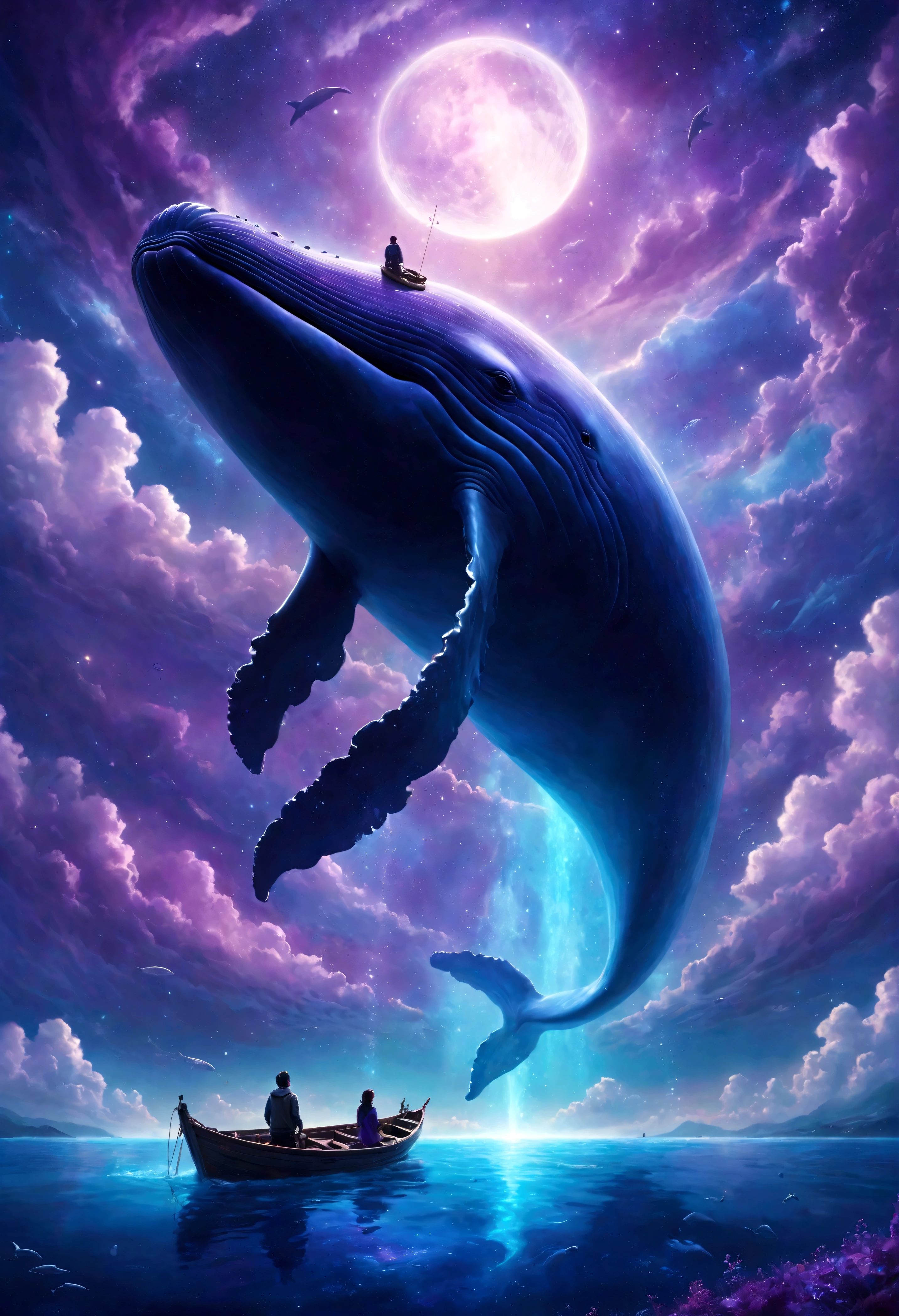 A person in a boat is looking up at a large, floating whale. The scene takes place amidst an ethereal sky with clouds and celestial elements. Vivid shades of purple and blue dominate the image, creating a dreamlike atmosphere. Digital art with a fantasy theme.
