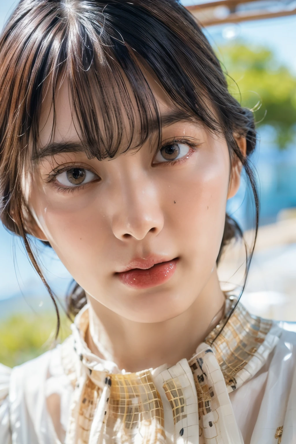 (realistic, photo-realistic:1.4),(best quality,masterpiece:1.2),RAW photo,high resolution,intricate details, insanely detailed,extremely detailed, soft light, cinematic lighting, (portrait, bust shot, frontal photography:1.8) ,solo,1girl,a Japanese female idol, (blouse,skirt:1.8),beautiful detailed eyes, detailed face, pale skin, fine-textured skin,dark hair, photo background, indoors,,,