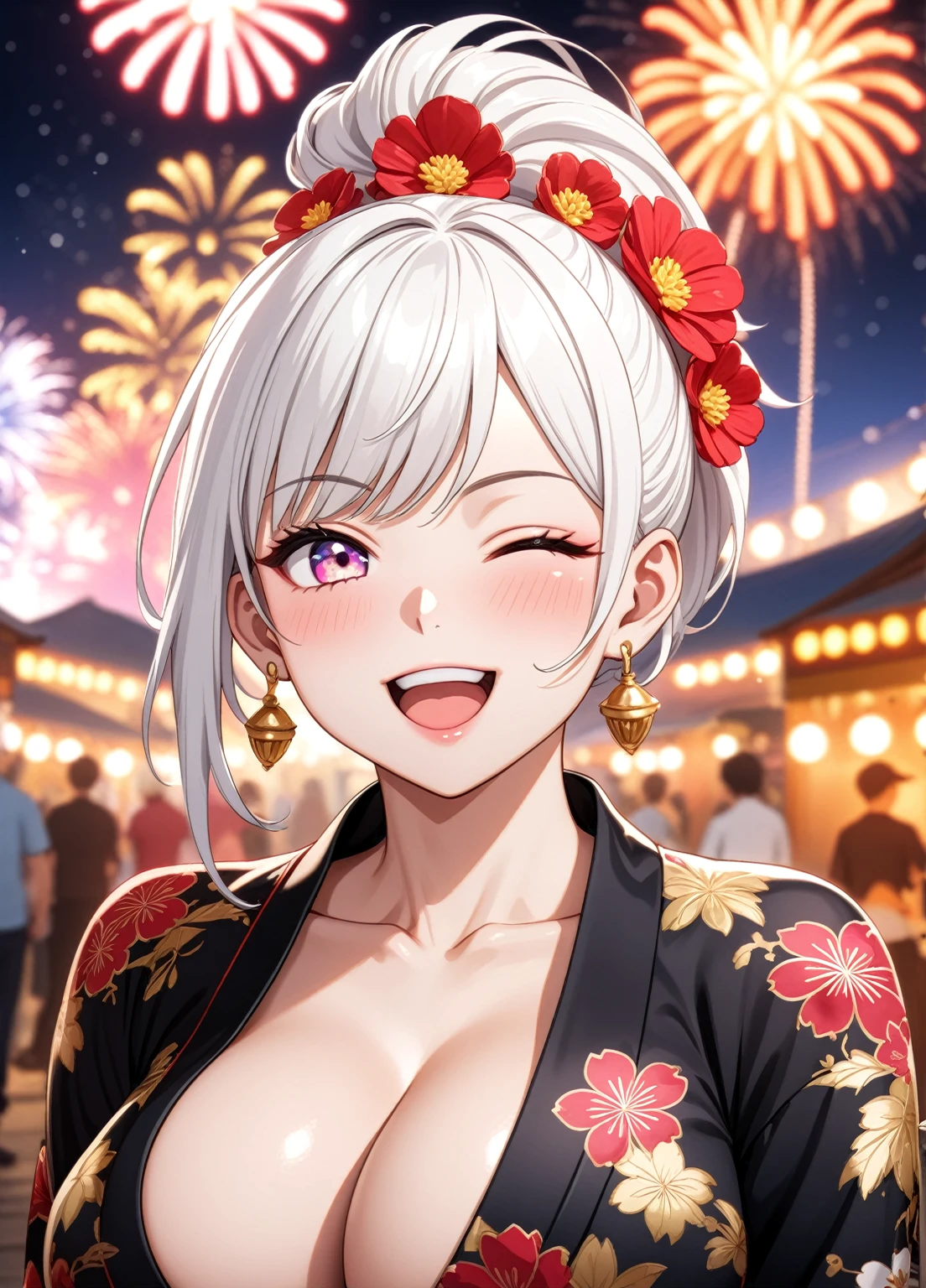 ((one personの女性)), Beautiful Face,Laughing embarrassedly,Laughing with your mouth open,((Wink:2.0)),Bright red cheeks,Glossy pink lips,night,Festival stalls on the riverbank,Colorful fireworks,((Anime style background)),masterpiece, highest quality, so beautiful, Latest, Complex details, (Pink long nails),AI-generated, Complex,High resolution, highest quality, super high quality,3D Images、View your viewers、3D Images,one person,Long white hair,High Ponytail,blue eyes,Anime woman posing for a photo, ((Fine grain、Colorful eyes、Shining Eyes)),((Squint your eyes:1.1),a hyperRealistic , hyperRealistic , Realistic,Anime woman with long and white hair, Smooth anime CG art, A woman in a colorful kimono with gold embroidery, (Black kimono),Red floral pattern,Long flower hair ornament,Big earrings,,Mature Body,(Big Breasts:1.2)Tall,Big Ass,Fine details,Narrow waist,(Face close-up:1.5),Bevel the background