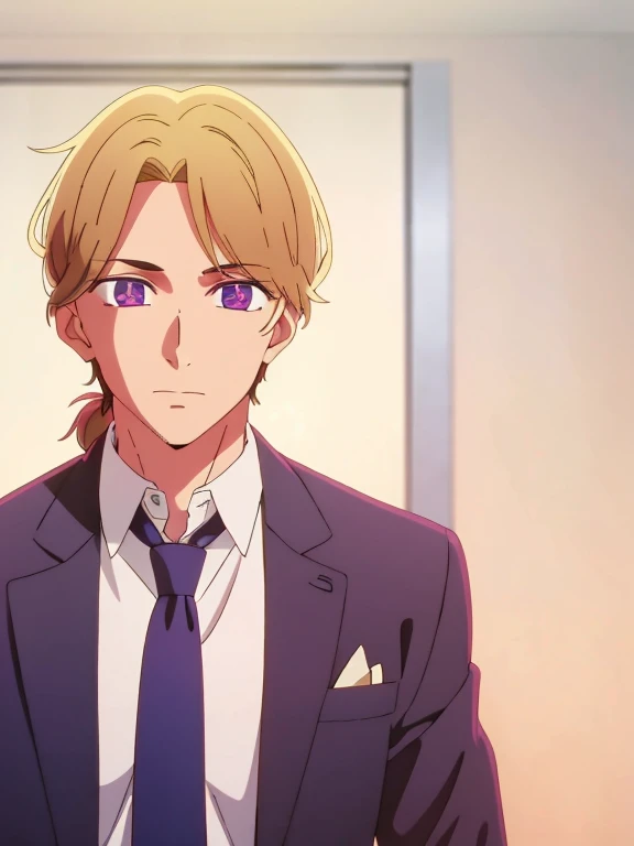 A handsome young male student man bun purple hair with purple eyes, tall and muscular

