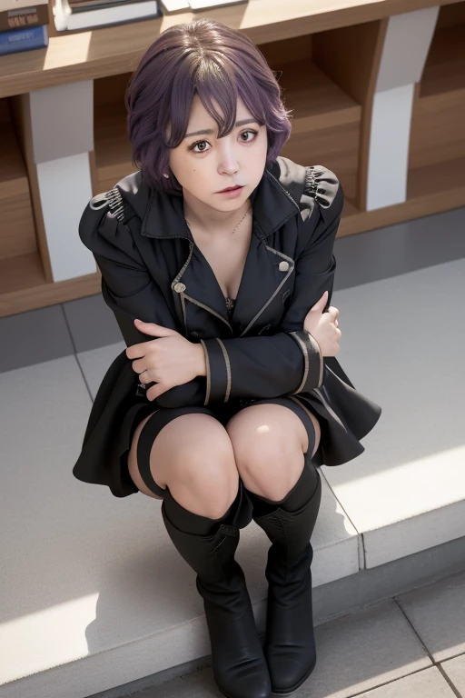 masterpiece, best quality, defBernie, black jacket, black skirt, spandex shorts, thigh boots, cowering, crouching, looking at viewer, furrowed brow, crossed arms, sad, library, from above 