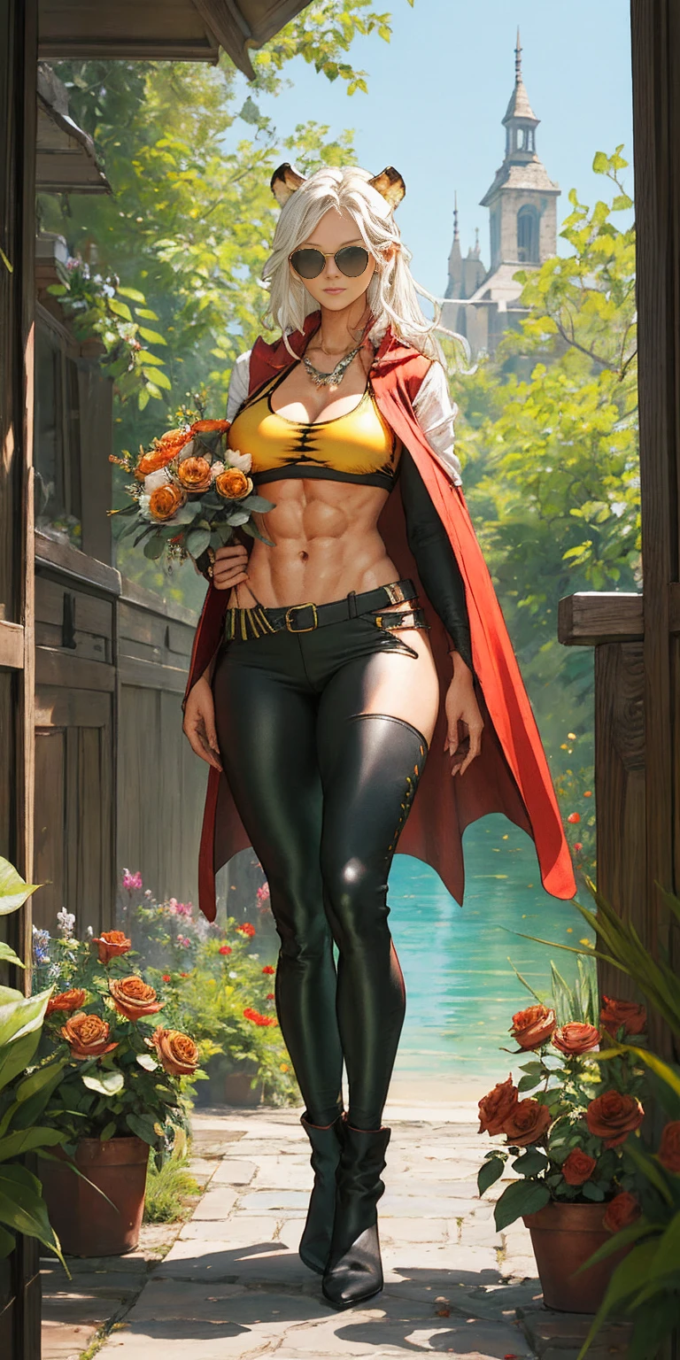 Full body, masterpiece, female KUROIMORI standing pose (yellow tiger bikini), red cape, red bikini, long white hair, strong body, abs, Shiny Skin, Sunglasses, FEMALE, big breasts, voluminous breasts, curvy breasts, mesh stockings, standing with a bouquet (red roses), full height, bottom view, best quality, very detailed, ultra 8k resolution, huge breast, coat , vest, long skirt, portrait, full body, Victoria's clothing, long dress, knight, pants, black skin suit, medieval city, plants, vest, polo shirt, forest, long skirt