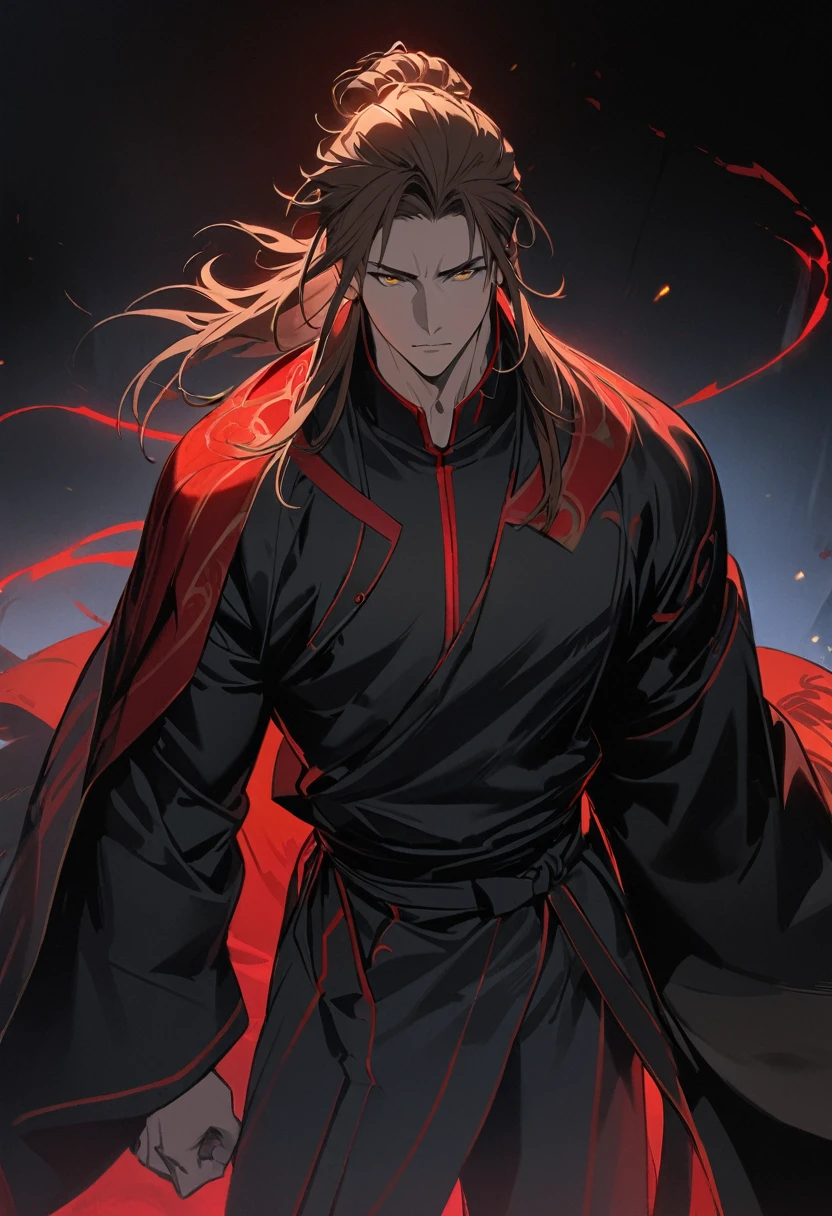 8K resolution, Highly detailed, Digital Painting, Concept art, of the highest quality, Best quality, One, handsome, 1 man, with a sporty body, wide shoulders, black martial arts mantle with red stripes, long hair, brown hair and tied hair, golden eyes, red threads, black light