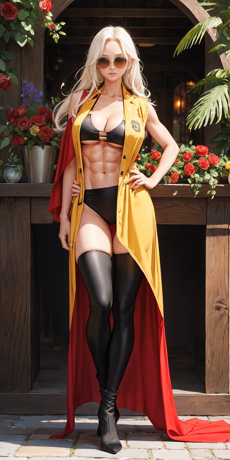 Full body, masterpiece, female KUROIMORI standing pose (yellow tiger bikini), red cape, red bikini, long white hair, strong body, abs, Shiny Skin, Sunglasses, FEMALE, big breasts, voluminous breasts, curvy breasts, mesh stockings, standing with a bouquet (red roses), full height, bottom view, best quality, very detailed, ultra 8k resolution, huge breast, coat , vest, long skirt, portrait, full body, Victoria's clothing, long dress, knight, pants, black skin suit, medieval city, plants, vest, polo shirt, forest, long skirt