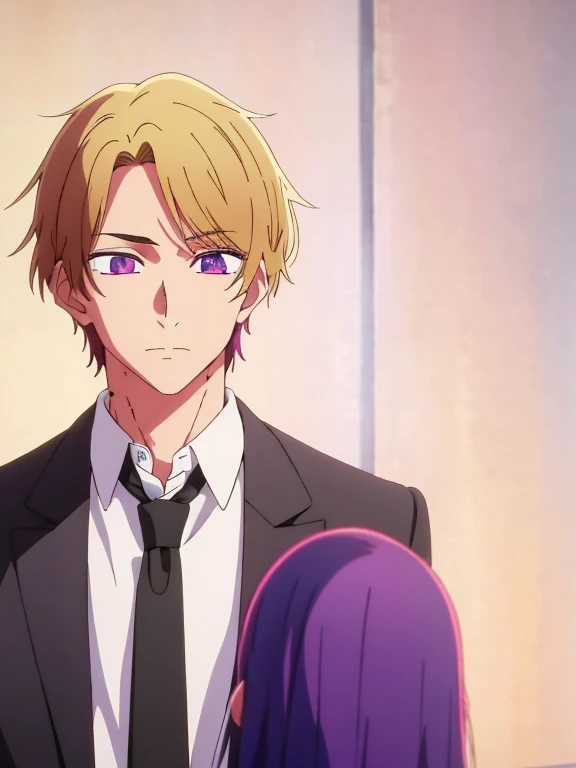 A handsome young male student purple hair with purple eyes, tall and muscular
