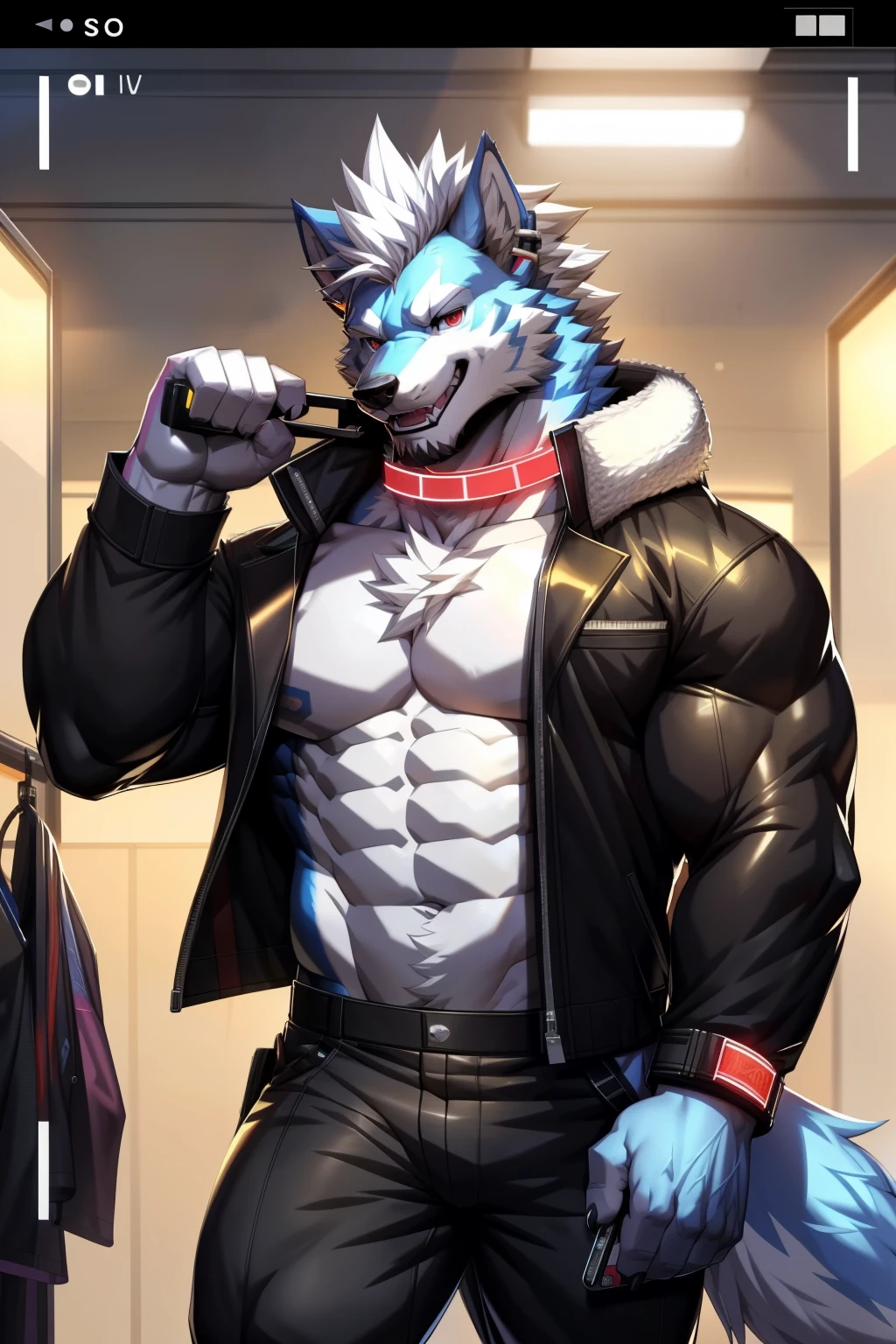 solo, anthro, furry, furry male, wolf, ((fluffy fur, fluffy, furry body)), (wolf print), red eyes, hair tuft, long hair, (light blue body, blue body, muscles), wolf tail, ((white hair, mohawk hair)), (white muzzle, white forearms), Camera Recording POV, Camera POV, security footage pov, exposing stomach, phone in hand, detailed fluffy fur, detailed face, detailed eyes, puffy arctic coat cropped, cropped coat, sunglasses, aviator sunglasses, black trousers, gold earring, tight clothes, white shoes, black aviator sunglasses, smaller arms (full body, round ass, fluffy ass, Red LED glowing collar), cyberpunk, valorant,(by DRKS, by raccoon21, by Sollyz, by null-ghost, masterpiece, high quality,hi res,8k hd), close-view portrait, looking at viewer, indoors, changing room, clothing store, cute face, open mouth, teeth, detailed teeth, grinning expression, camera view angled from above, heavy shadows, athletic build, full body,