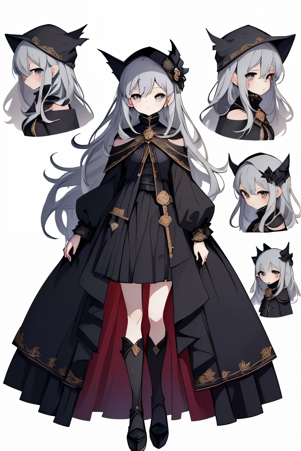 ((Masterpiece)), (highest quality))), (Character design sheet, national costume, same character, front, side, back), illustration, 1 girl, full body, silver hair, eye hair, beautiful eyes, princess cut, environmental change scene, short skirt, shyness, woman, girl, standing, goth , V-tuber, chartaan betarola, (simple background, white background: 1.3) ( Masterpiece:1.2), (Best Quality:1.3)