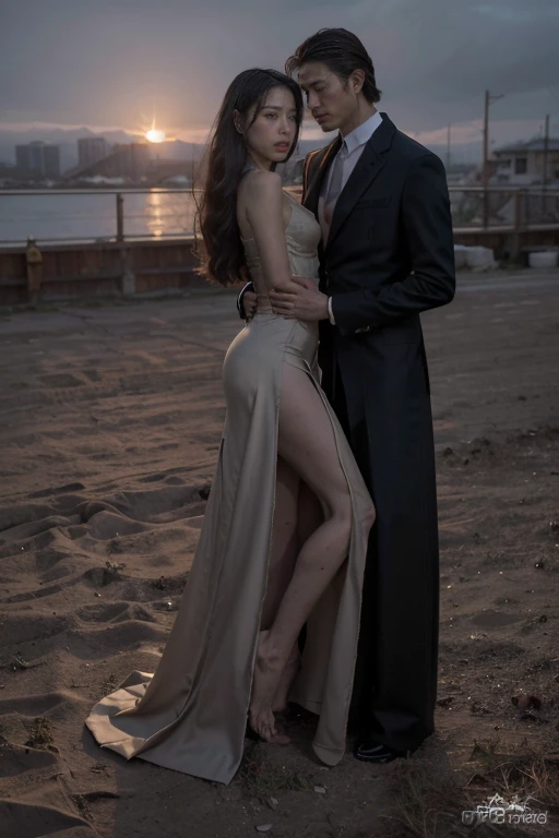 At sunset,Tense atmosphere,The woman kneels next to the man,(Original Photography、real、Practical),Long-range shooting,Long Shot,Mature woman,Middle-aged woman,Ultra detailed beautiful female model,30 years old,Close-up photo portrait of female model, atmospheric scene, masterpiece, best quality,(Full body female love:1.3),Full body portrait,Perfect body proportions,Golden Ratio,Eyes look into the distance,(Sexy long skirt :1.5),((设计师的Sexy long skirt、Cleavage、dirty、Blood stains on the body)), (Detailed beautiful face, Detailed skin texture, Super detailed details:1.1),Abdominal muscles,(Slender long legs:1.2),Ultra HD, 4k, 8K, Movie,Standing,Standing