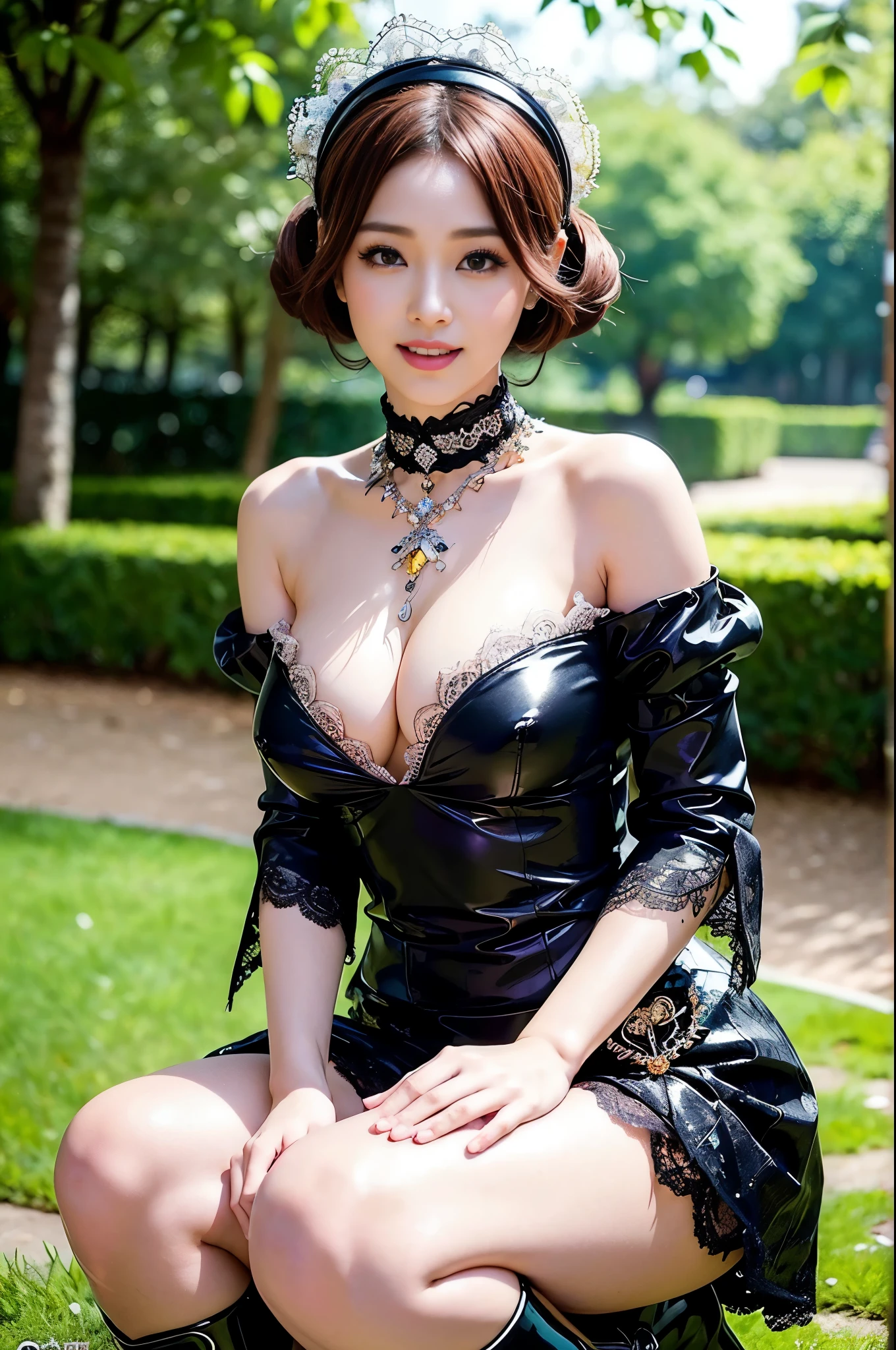 (nsfw), sexy stylish Thai princess, only 1 female, ((doll-like appearance)), short Auburn stylish hair, ((shiny Victorian-Style boots)), (big smile), ultra detailed eyes, vivid makeup, lip-gloss, long lashes, defined eyebrows, ((sexy Paradise Kiss cosplay)), bell-shaped skirt, petticoats, high neckline, puffed sleeves, ((ultra detailed lace)), ((ultra detailed embroidery)), intricate details, Paradise Kiss accessoires and matching headpiece, choker, ((large sparkling Paradise Kiss jewelry)), cinematic light, detailed large park background with trees