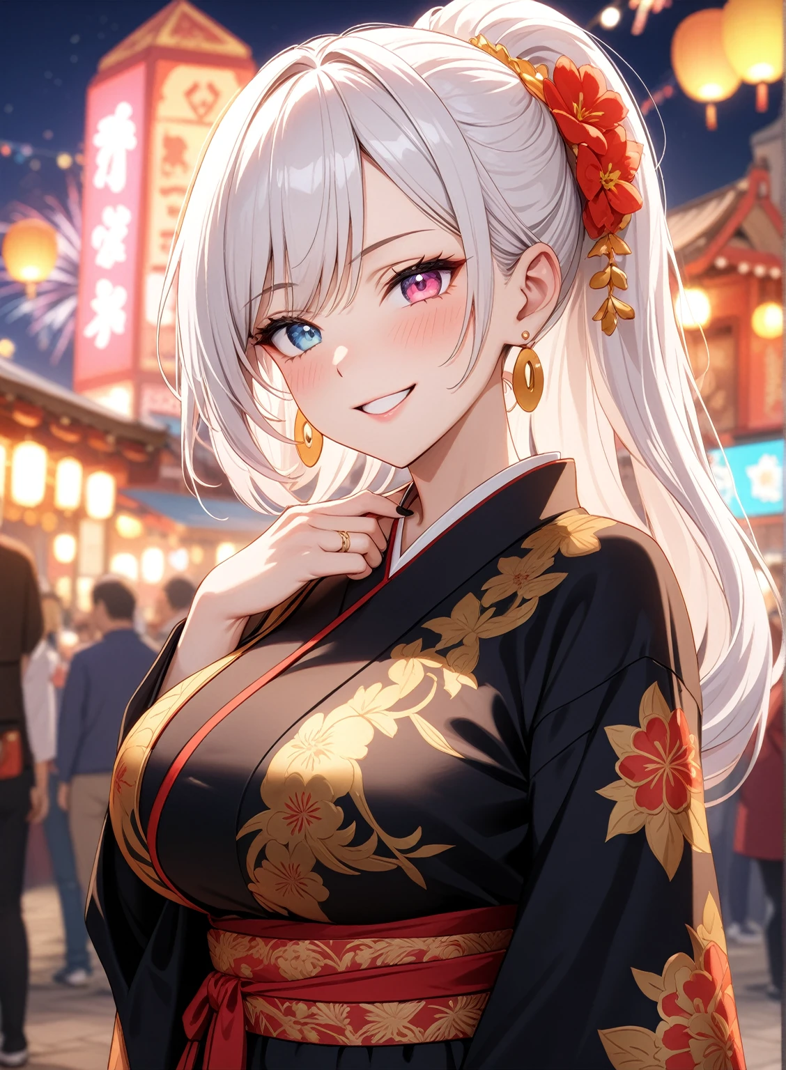 ((one personの女性)), Beautiful Face,Laughing embarrassedly,Laughing with your mouth open,((Wink:2.0)),(Bright red cheeks),Glossy pink lips,night,Festival stalls on the riverbank,Colorful fireworks,((Anime style background)),masterpiece, highest quality, so beautiful, Latest, Complex details, (Long pink and black nails),ring,AI-generated, Complex,High resolution, highest quality, super high quality,3D Images、View your viewers、3D Images,one person,Long white hair,High Ponytail,blue eyes,Anime woman posing for a photo, ((Fine grain、Colorful eyes、Shining Eyes)),((Squint your eyes:1.1),a hyperRealistic , hyperRealistic , Realistic,Anime woman with long and white hair, Smooth anime CG art, A woman in a colorful kimono with gold embroidery, (Black kimono),Red floral pattern,Long flower hair ornament,Big earrings,,Mature Body,(Big Breasts:1.2)Tall,Big Ass,Fine details,Narrow waist,(Face close-up:1.5),Bevel the background